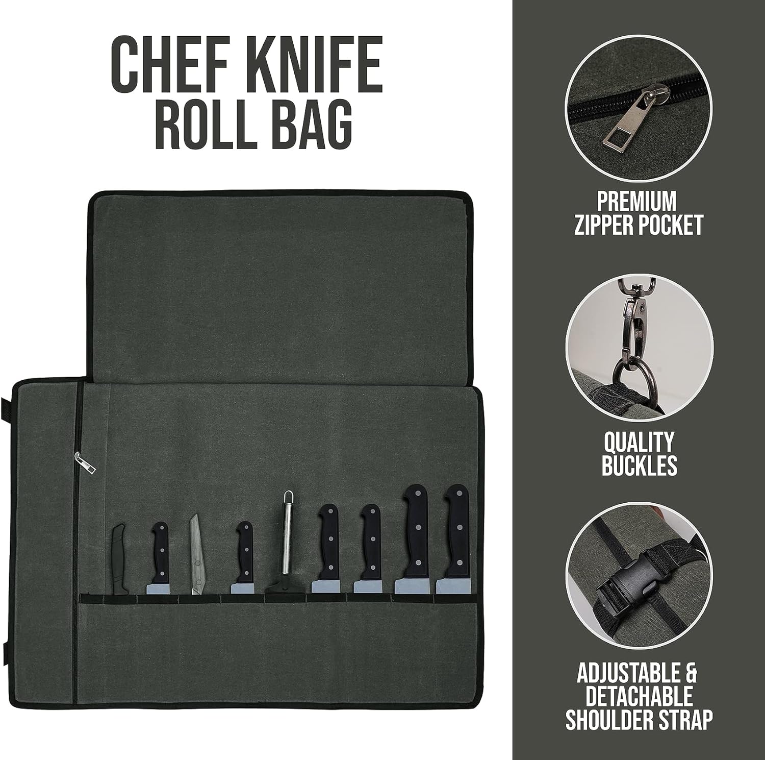 Zuperia Chef’s Knife Roll Bag, Waxed Canvas Knife Cultery Carrier, Portable Chef Knife Cases, Knife Pouch Holders-10 Slots & 1 Zipper Pocket- Hold Home Kitchen Knife Tools Up To 18.8” (Grey): Home & Kitchen