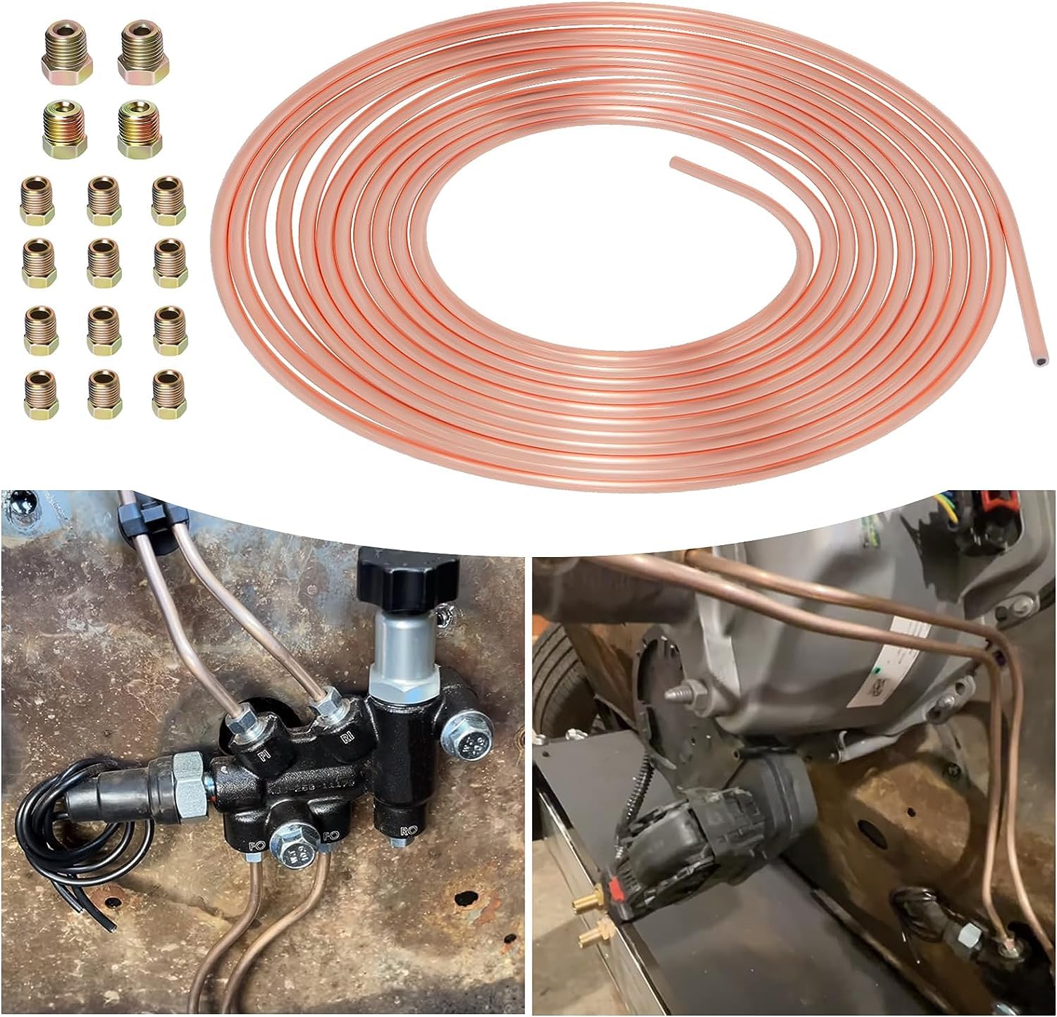 Tubo de Freno Recubierto de Cobre 25 Pies 1/4" OD, Kit de Línea de Freno General para Automóviles de 7,62m con 16 Tuercas Accesorios por Poweka
