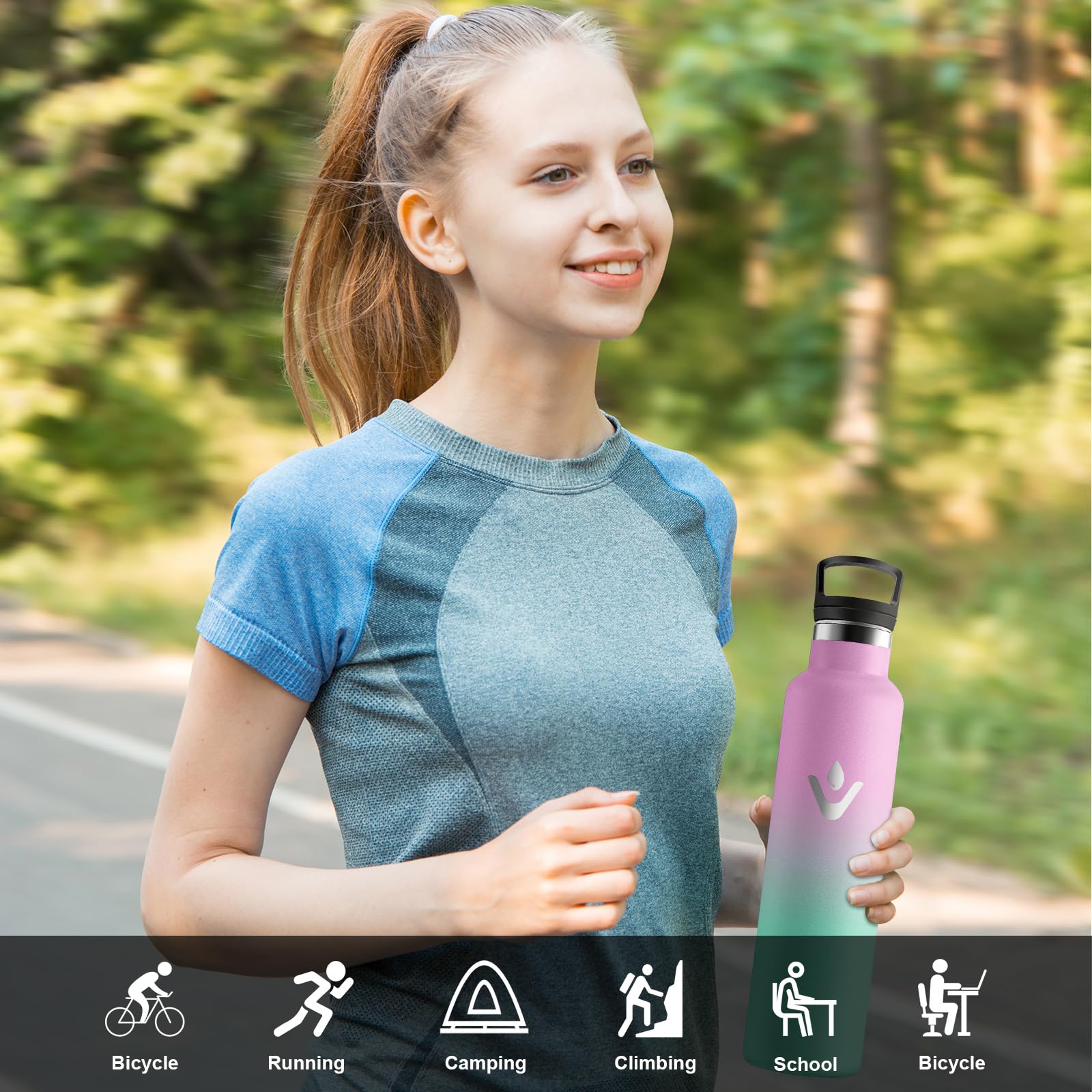Motswedi Botella agua Termica, 1000ml Doble Aislamiento, Botella Termica 1 litro, Mantener 12H Caliente/24 Frío, Cantimplora, a Prueba de Fugas, Thermoflask, para Viaje, Exterior, Rosa & Verde — view 6