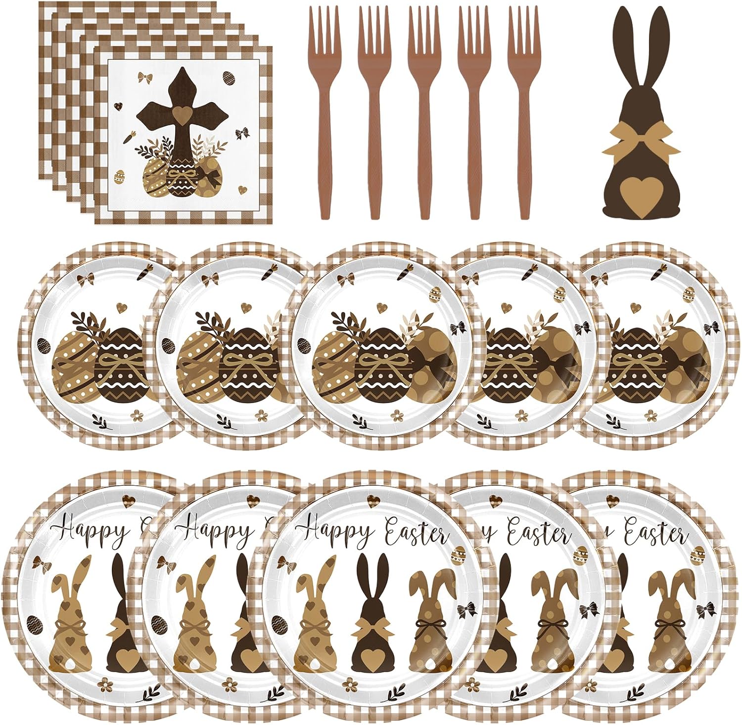 Avezano 96 pcs Easter Plates and Napkins Disposable Happy Easter Paper Plates Dinnerware set Buffalo Plaid Brown Bunny Eggs Tableware Serves 24