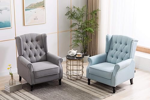 Miniatura 34 de Artechworks Silla moderna de tela alada, silla de club con brazo copetudo, sofá individual de lino con patas de madera, cómodo tapizado para leer,