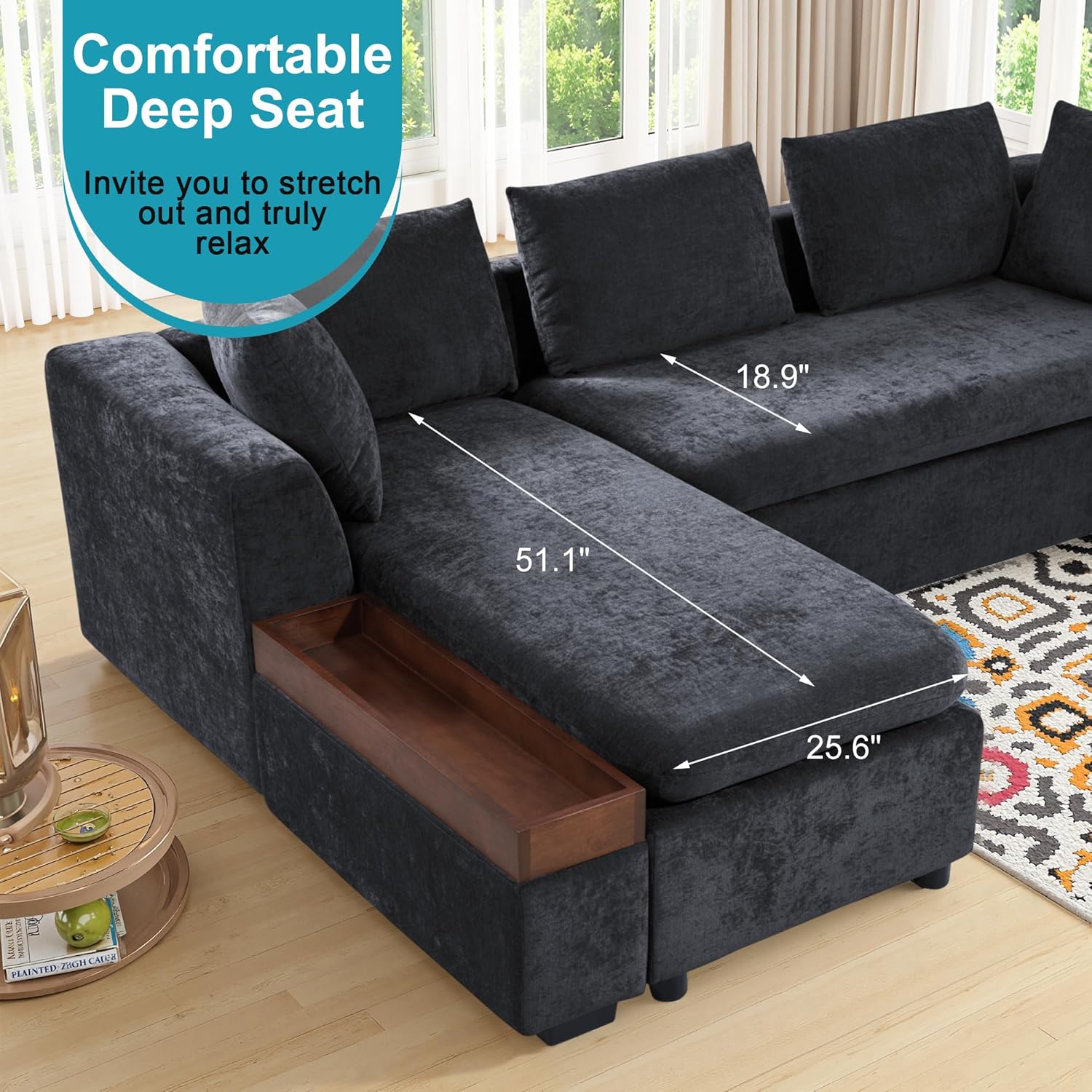 Image highlighting the deep seat feature of the sectional couch, with dimensions indicating a seat depth of 18.9 inches and chaise length of 51.1 inches.