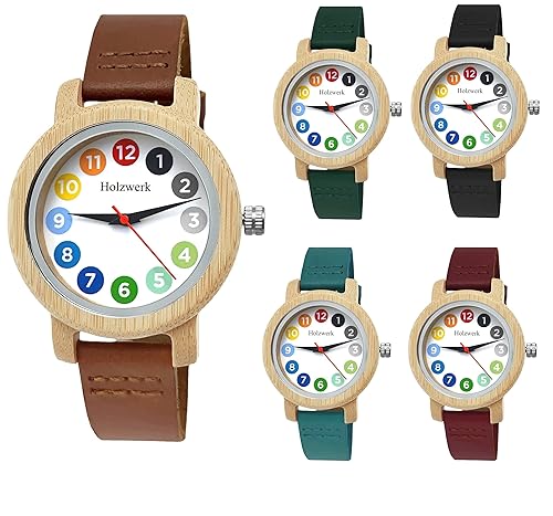 Holzwerk Germany® Mädchen-Uhr Kinder-Uhr Jungen-Uhr Öko Natur Holz-Uhr Lern-Uhr Leder