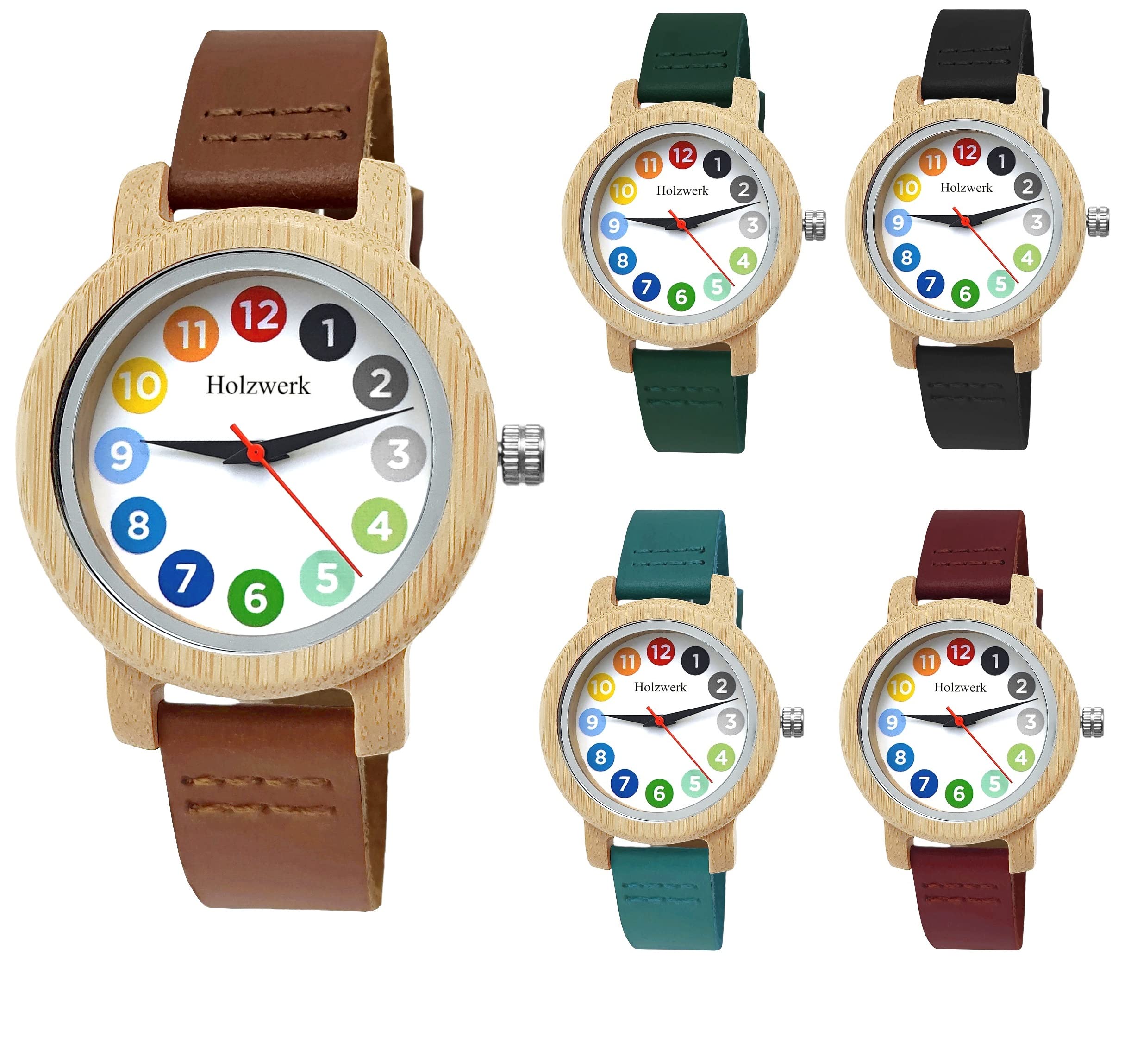 Holzwerk Germany® Mädchen-Uhr Kinder-Uhr Jungen-Uhr Öko Natur Holz-Uhr Lern-Uhr Leder Armband-Uhr Analog Klassisch Quarz-Uhr in Blau Schwarz Grün Rot Türkis Braun Weiß Bunt