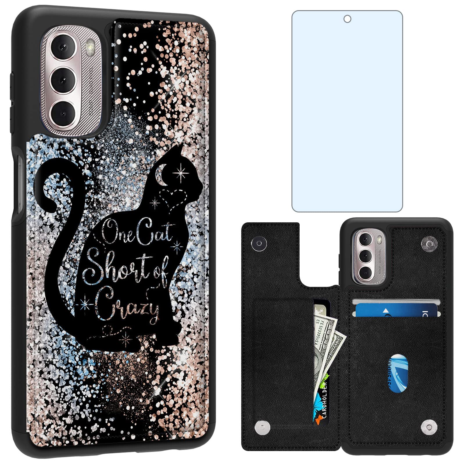 for Motorola Moto G Stylus 2022 5G Case Wallet with Card Holder&Screen Protector, Flip Leather Stand Case Built-in Card Slots Shockproof Cover for Moto G Stylus 2022 5G, Glitter Black Cat