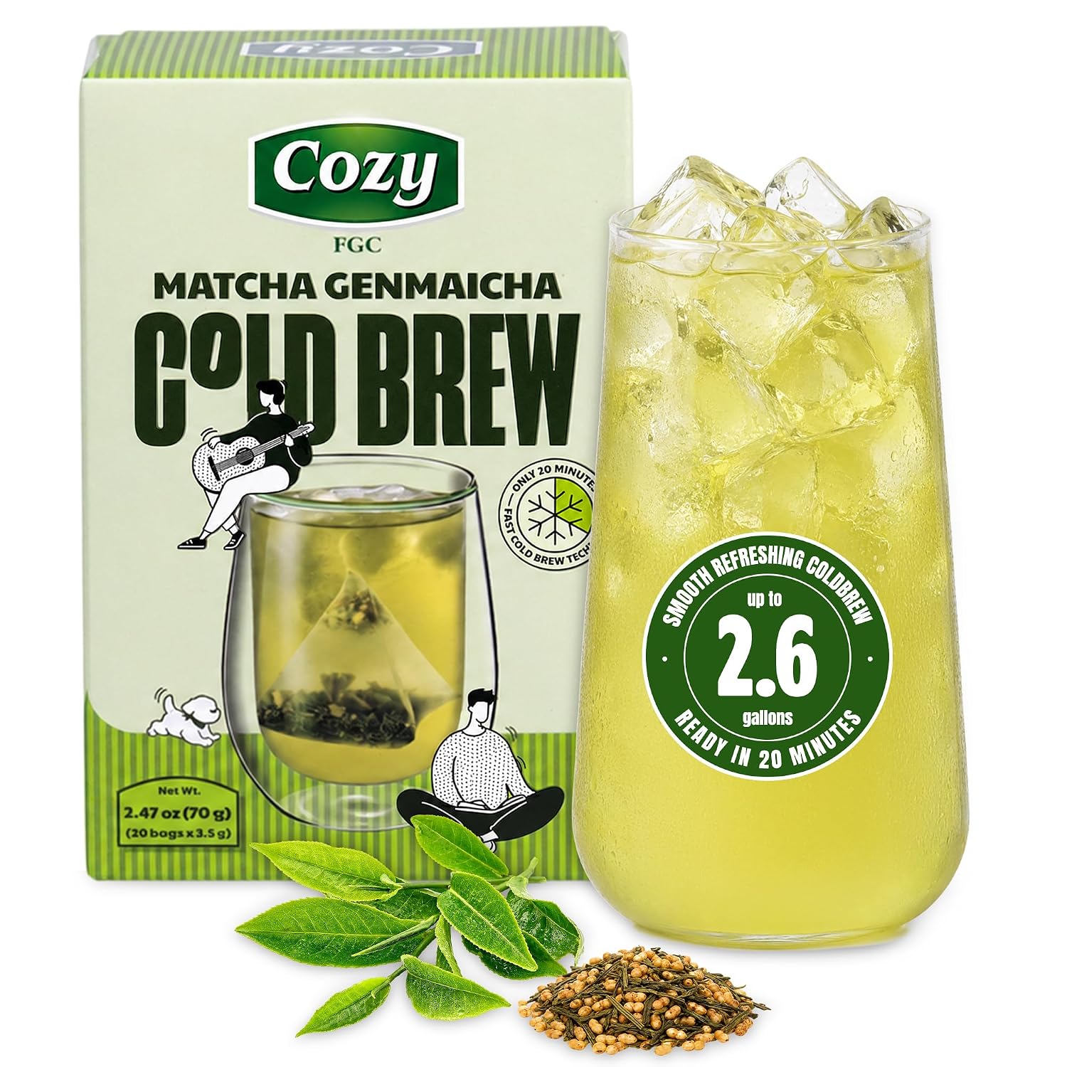 Cozy Cold Brew Genmaicha Tea Bags, Unsweetened Iced Tea, 20 Bags x 3.5g