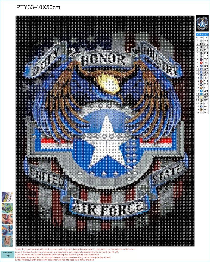 HONGJIE 5D DIY Diamond Painting by Number Kits Air Force 16X20 Inch for Adults and Kids, Round Full Drill Rhinestone Cross Stitch Mosaic Art for Home Wall Decoration and Gift Option.