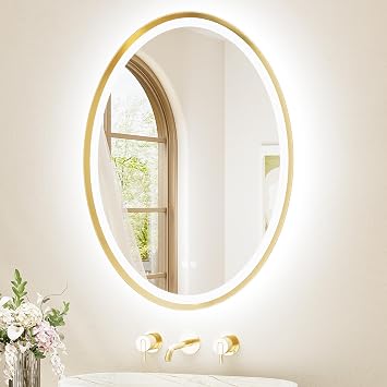 TETOTE Gold Oval Led Mirror with Lights 24" x 32" Metal Framed Oval Lighted Bathroom Vanity Mirror Wall Mounted, Front and Backlit 3 Color Stepless Dimmable Anti Fog, Shatterproof, CRI 90+