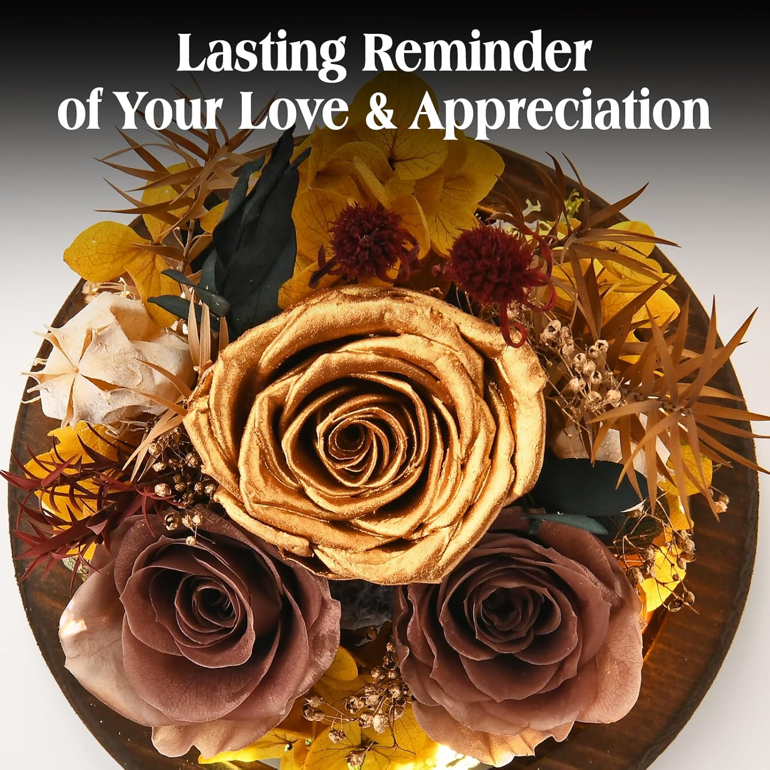 Gifts for Women, Wife, Mom, Grandma, Preserved Flowers on Mothers Day Anniversary Wedding Christmas Thanksgiving Gifts for Friends Sister Girlfriend, with LED Light (Gold)