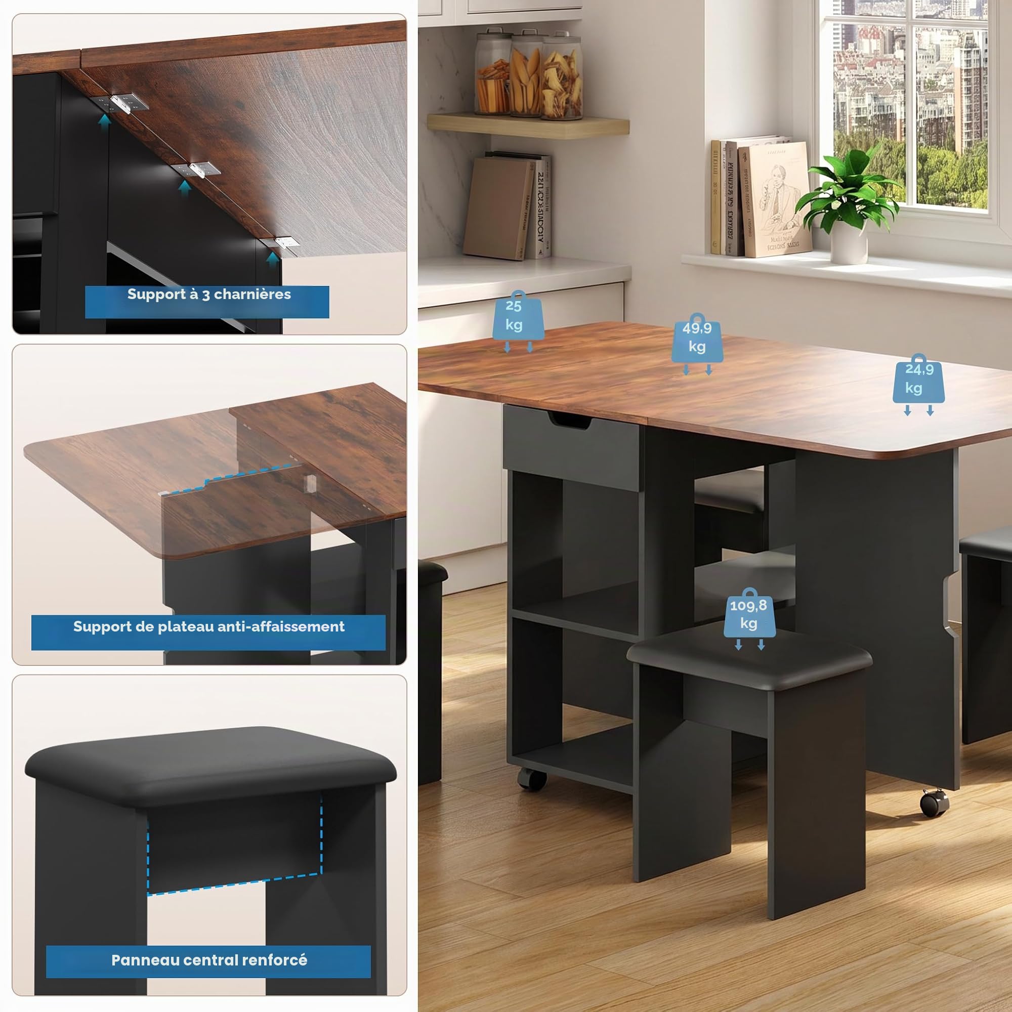 Mondeer Ensemble Table à Manger Pliable 140 cm avec 4 Chaises Rembourrés, Ensemble Table avec 2 Tiroirs et 2 Etagères de Rangement, pour Petits Espaces Cuisine Salle à Manger (Marron et Noir)