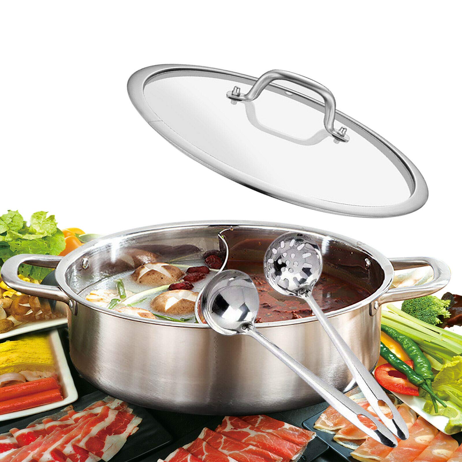 Hot Pot, 28 cm/32 cm dubbele scheiding Shabu roestvrij staal glazen deksel vuurpan met 2 kamers mandarijn pot mini draagbare raam kooktoestel multikoker (32 cm met soeplepel zeef