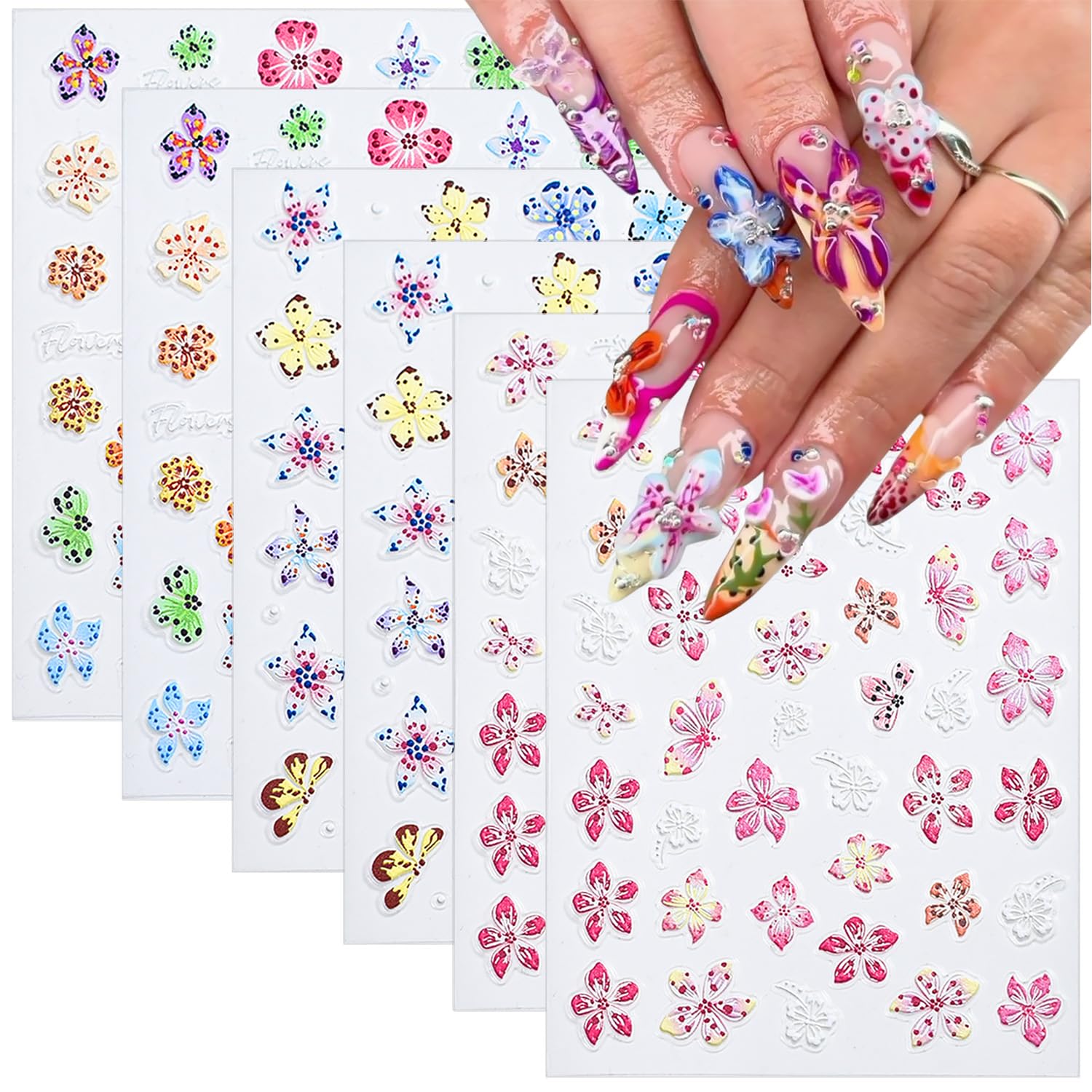 6 Sheets 5D Embossed Nail Art Stickers Colour Hibiscus Nail Decals Self-Adhesive Cute Floral Nail Decor Hawaiian Hibiscuss Flower Nail Design Stickers