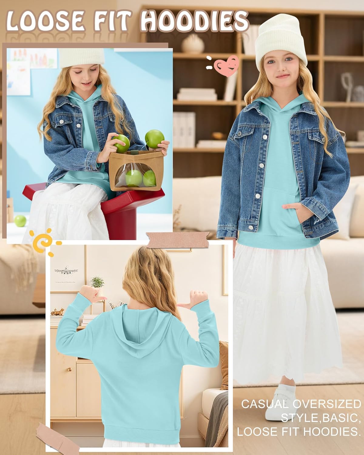 Toddlers' and Girl's Hoodies Lightweight Oversized Long Sleeve Hooded Sweatshirt Casual Pullover Tops with Pockets - Image 5