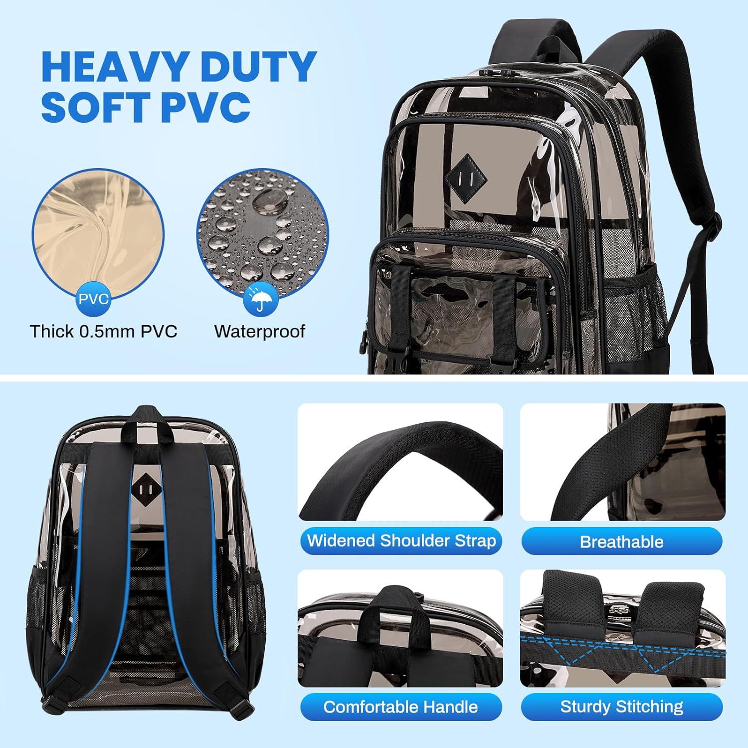 Large Clear Backpacks for School Heavy Duty Transparent Backpack for Stadium Event See through Bookbag for Kids Adult Thick PVC Back Pack, Semi-Black