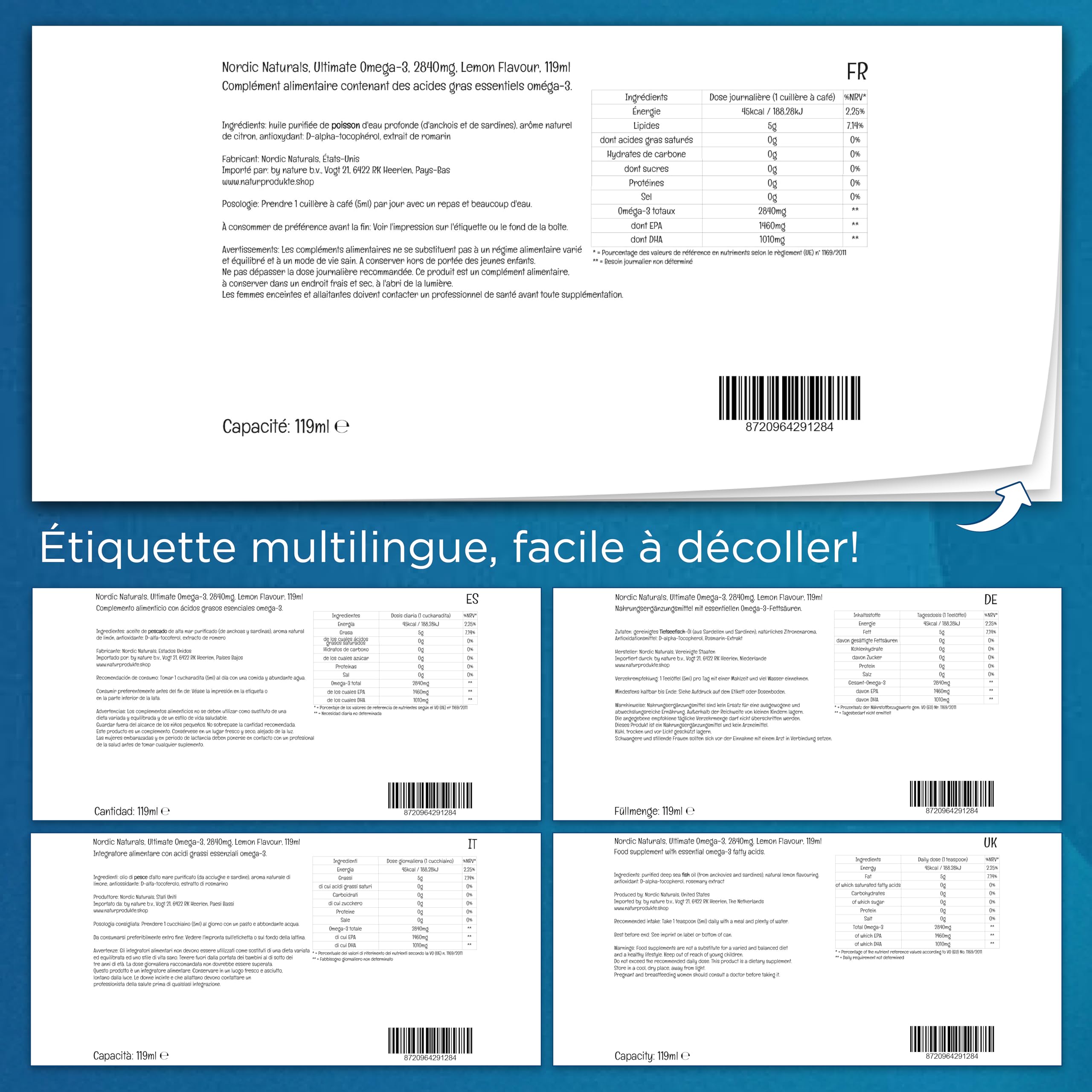 Nordic Naturals, Ultimate Omega, 2840mg Omega-3, Huile de Poisson avec EPA et DHA, Goût Citron, 119ml, Testé en Laboratoire, Sans Soja, Sans Gluten, Sans OGM