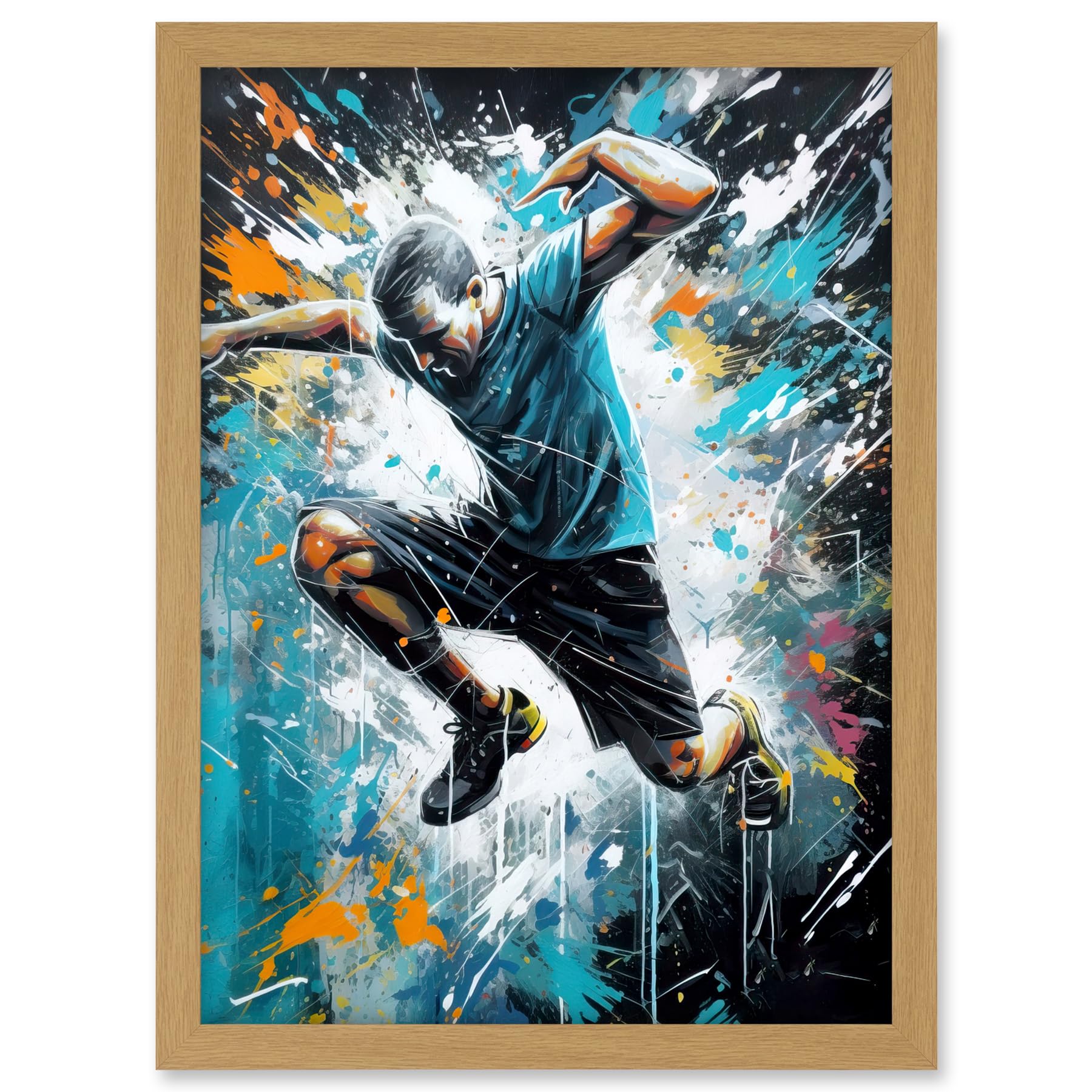 Artery8 Man Doing Parkour Jump Pose Paint Splat Portrait Artwork Framed A3 Wall Art Print