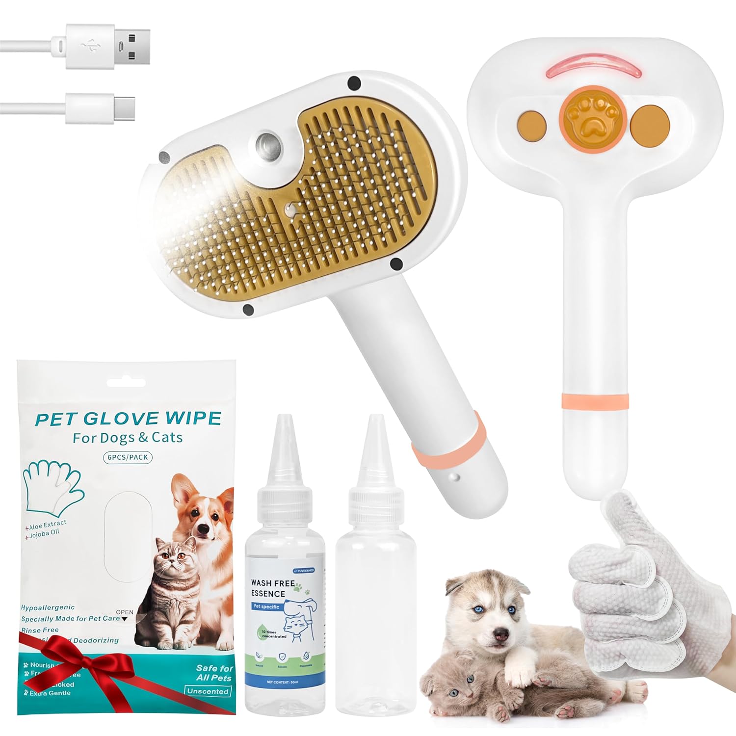 4-in-1 Pet Steam Brush for Dog & cat brush for shedding, Spray Hair Removal Comb with Waterless Shampoo-Self-cleaning Pet Grooming Tool for Shedding, Anti-Static & Skin-Friendly