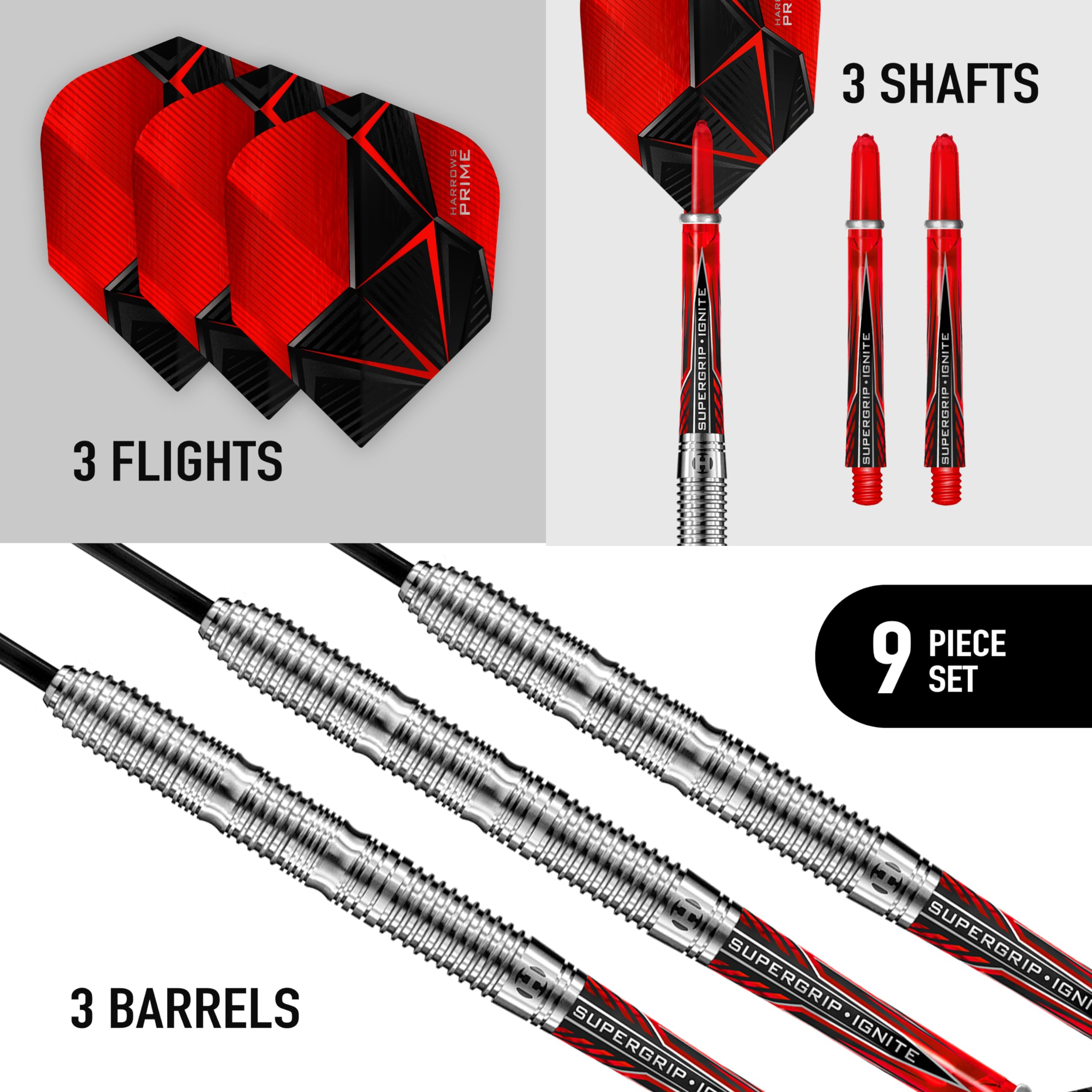 Harrows Rival - Set di freccette con punta in acciaio al 90% tungsteno, 21 g, 22 g, 23 g, 24 g, 25 g e 26 g, include impugnatura trilaterale, asta Supergrip rossa Ignite Midi e alette Micron Prime