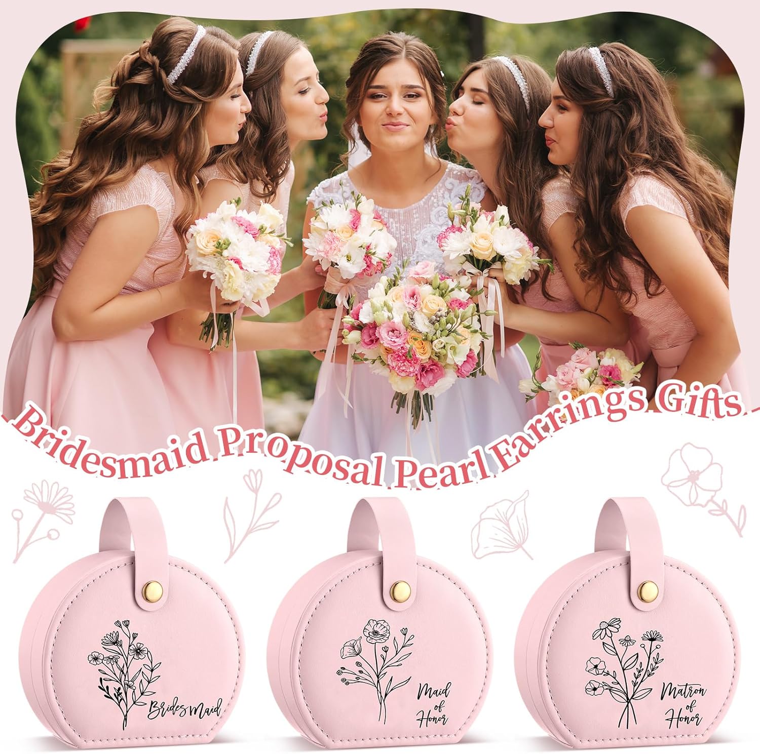 Colingmill 8 Pcs Bridesmaid Proposal Jewelry Gifts Box, Wildflower Half Moon Design with Monogram Jewelry Case for Maid/Matron of Honor Bridesmaids Wedding Gifts