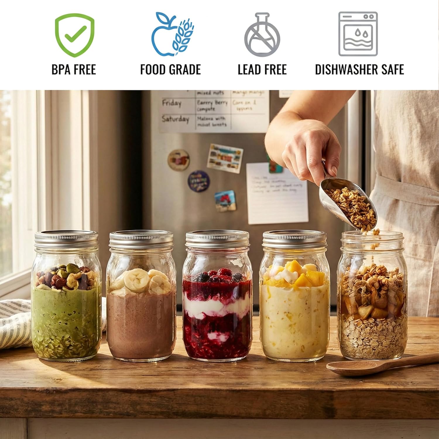 32 oz Wide Mouth Mason Jars with Airtight Lids and Bands, 12 Pack Quart Glass Canning Jars for Pickling, Meal Prep, Overnight Oats, Storage & DIY Crafts