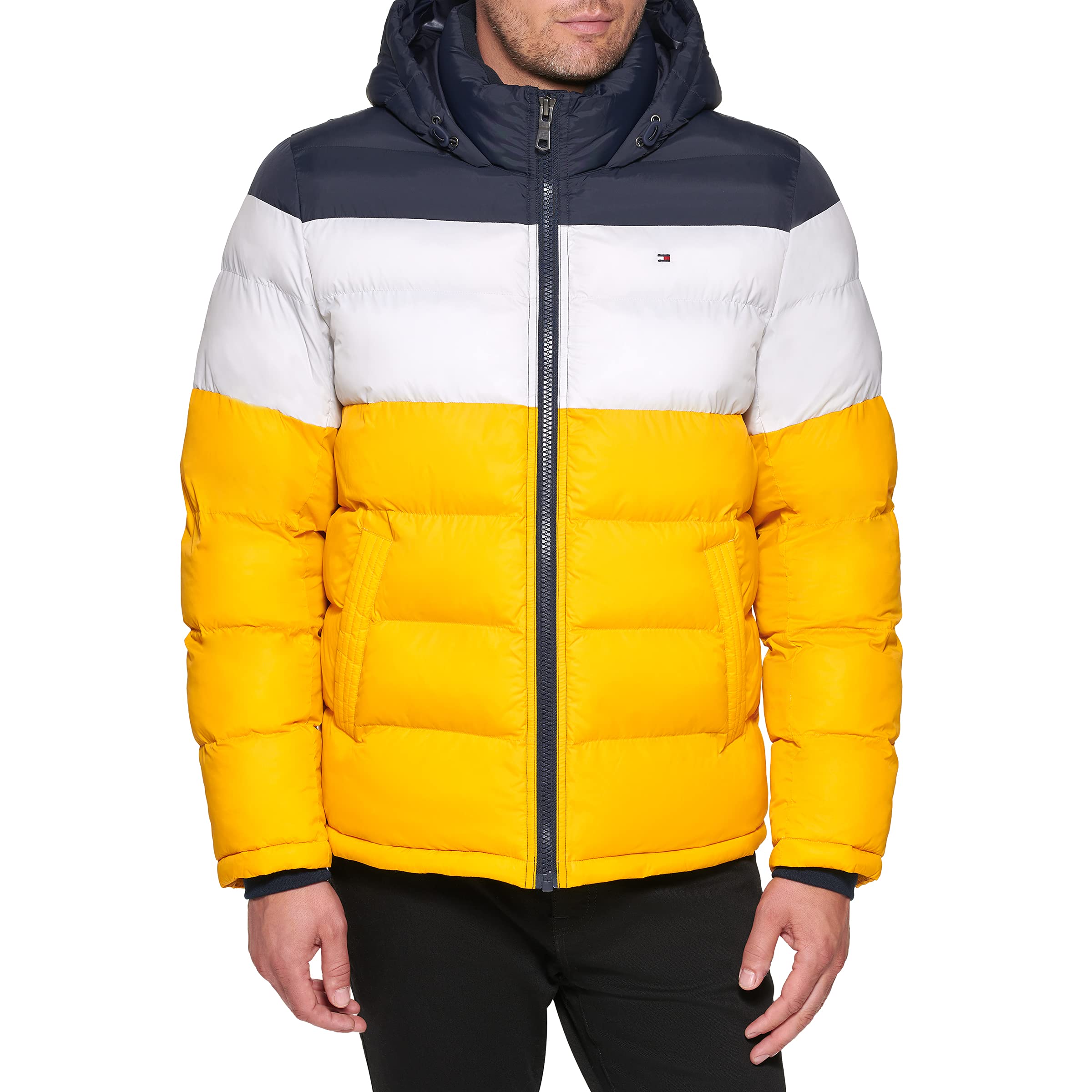 Tommy Hilfiger Men's Classic Hooded Puffer Jacket Down Alternative Coat, Midnight/Ice/Yellow, XL