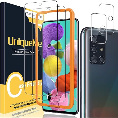 Unique Me [2+2 Pack] Camera Lens Protector and Screen Protector for Samsung Galaxy A51 4G / 5G / 5G UW Tempered Glass [Easy Installation Frame] HD Clear [Anti-Scratch] [Bubble Free]