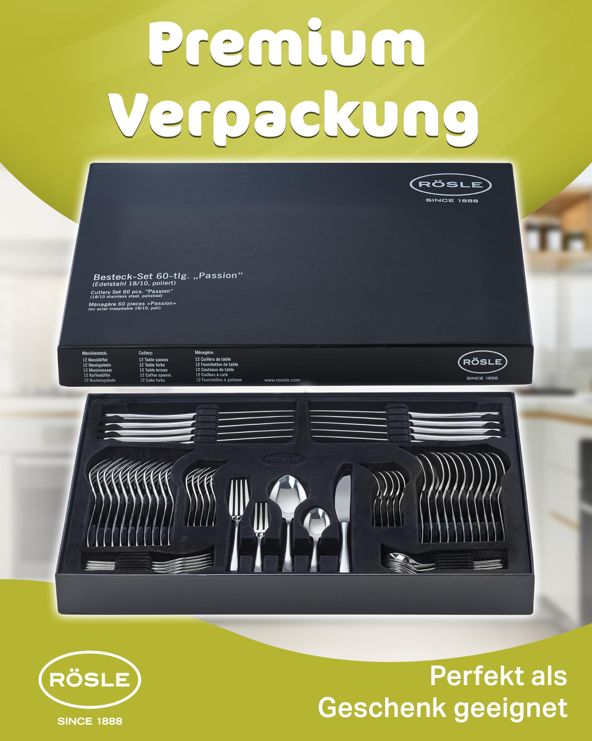RÖSLE ELEGANCE Besteck Set für 12 Personen – 60-teiliges Hochglanzpoliertes Essbesteck aus Edelstahl 18/10 – Premium Besteckset, Spülmaschinengeeignet, in Eleganter Geschenkbox Küche, Haushalt & Wohnen