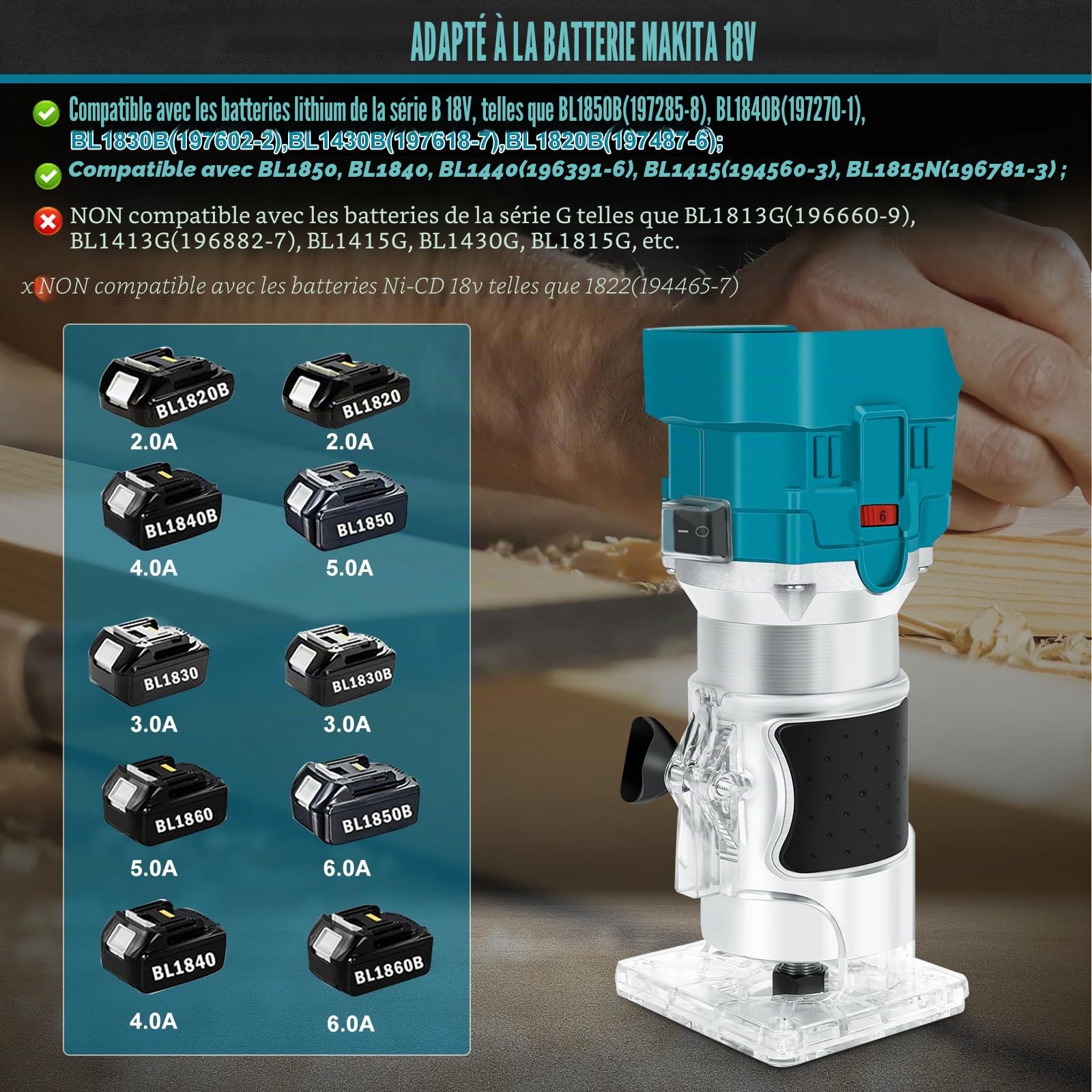 Bois Défonceuse Affleureuse pour Makita 18V Batterie, Routeur à Bois Électrique sans fil 30000r/min avec 15pcs 1/4" Pinces Bits Affleureuse à Bois Électrique Verticale