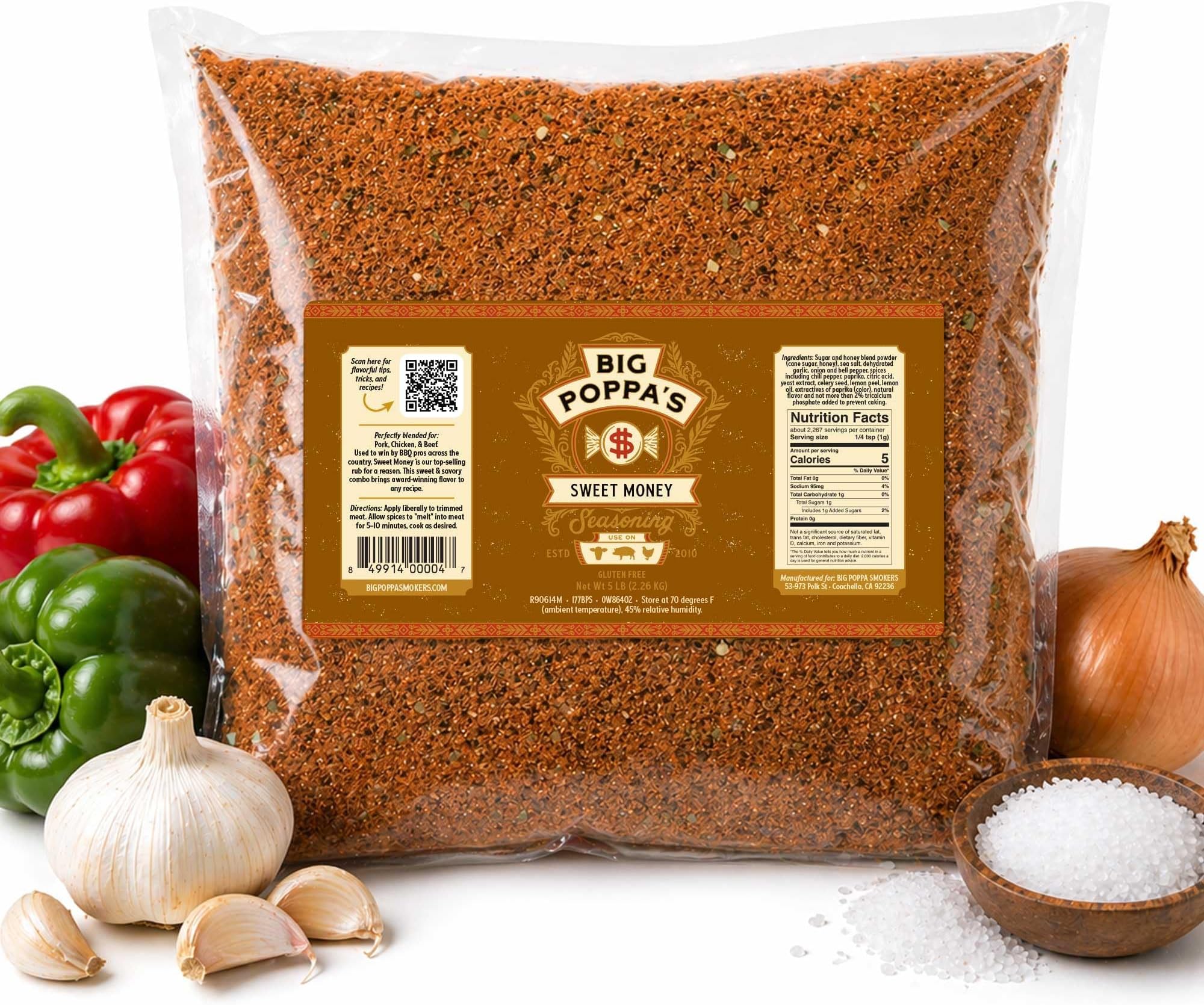 Big Poppaโs Sweet Money BBQ Rub โ Prize-Winning Sweet & Savory Pork Seasoning with Granulated Honey โ Gluten-Free Dry Rub for Ribs, Pulled Pork & More โ Bulk Bag for BBQ, Smoking & Grilling (5lb)