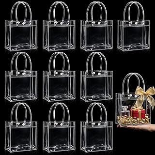 MAQIHAN Clear Gift Bags with Handles - 10 Party Favor Candy Bags, Plastic Goodie Bags Transparent, bolsitas, for Valentines, Father's Day, Christmas, Baby Shower, Wedding, Birthday, Mini 5.9'' x 6.3''