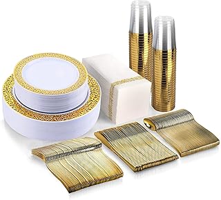 350 Piece Gold Dinnerware Set,50 Guest Gold Lace Design Plastic Plates,50 Gold Plastic Silverware,50 Gold Cups,50 Linen Like Gold Napkins,50 Guest Disposable Gold Dinnerware Set