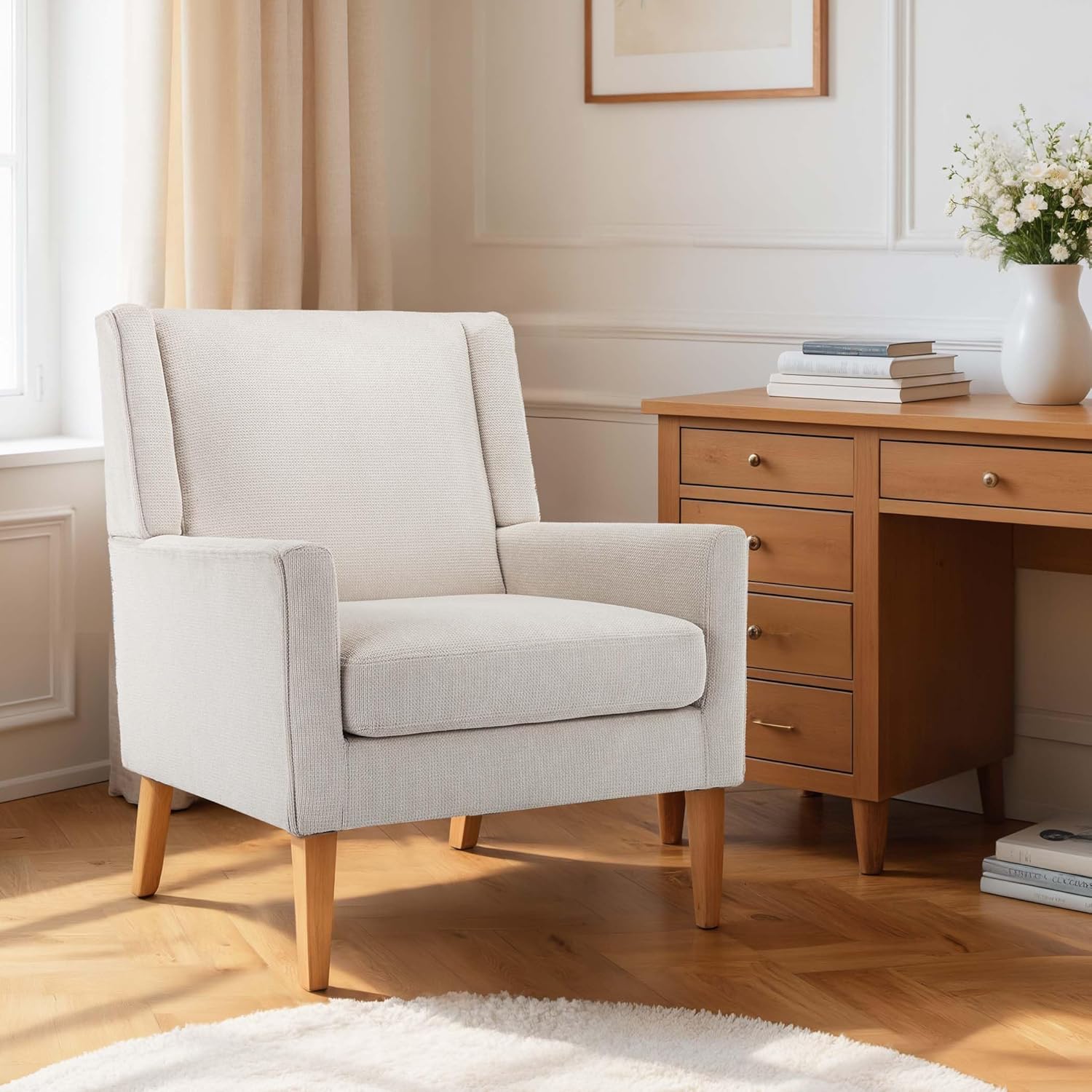 Accent Chairs for Living Room, Mid-Century Wooden Fabric Living Room Chairs, Arm Chair, Side Chairs for Living Room, Bedroom, Reading Nook