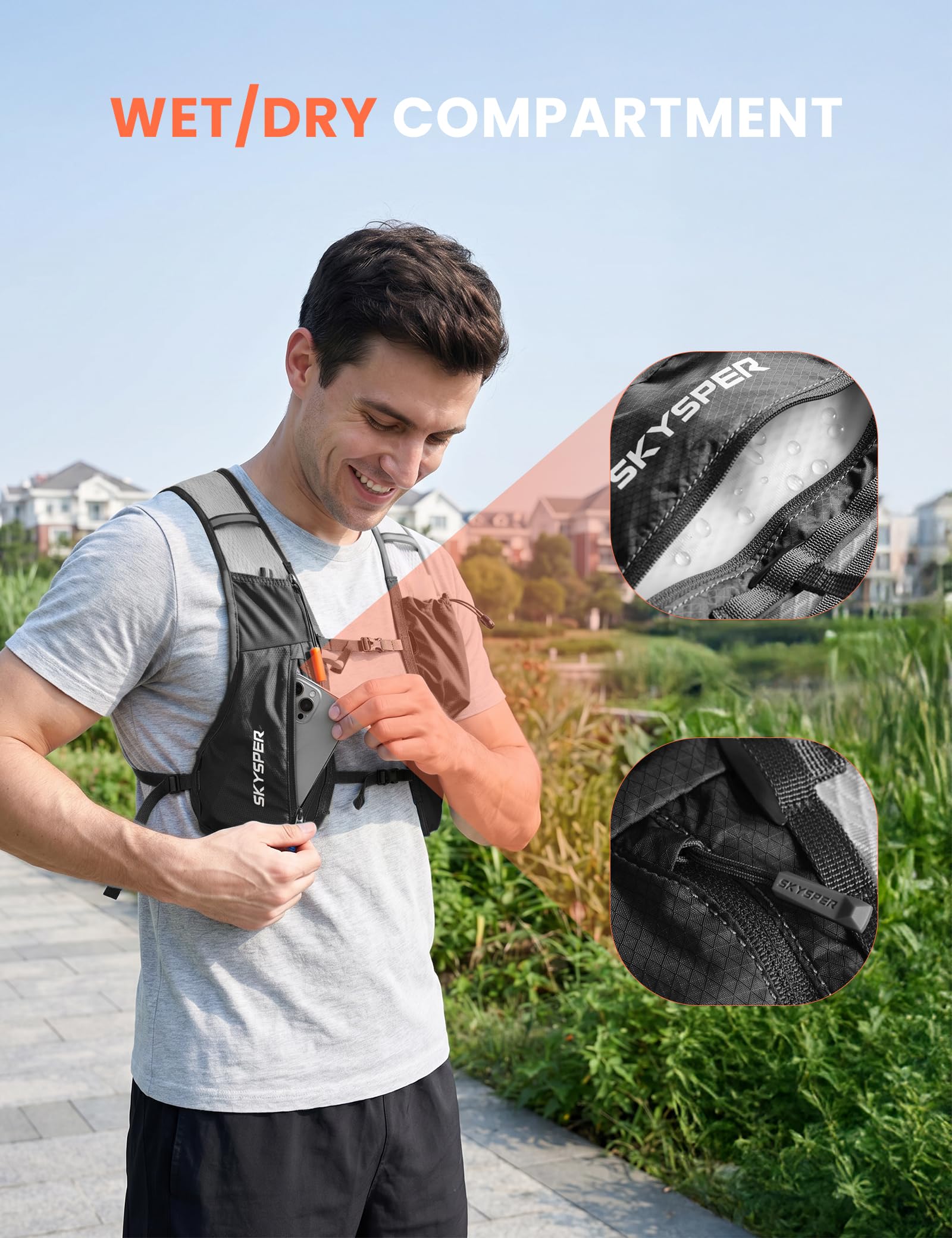 SKYSPER Gilet Trail Running 12L avec Gourde 500ml Sac Hydratation Veste Course Réfléchissante Respirante Poche Téléphone Homme Femme Marathon Jogging