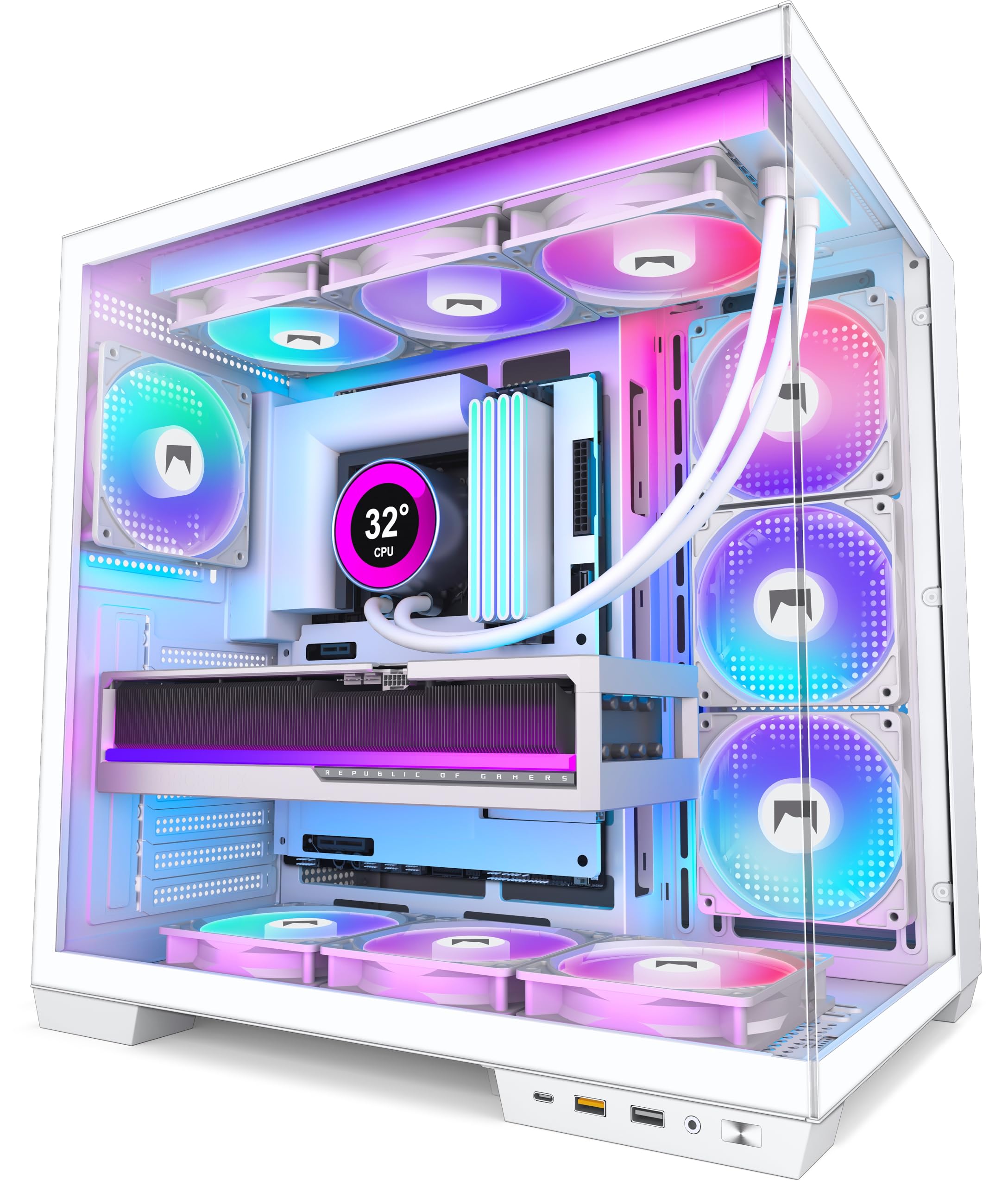 HYXN H1 Case PC ATX – Preinstallato con 7 ventole PWM ARGB, doppia camera Mid Tower Case per PC Gaming, con Type-C, può ospitare contemporaneamente 3 radiatori da 360 mm (bianco, H1)