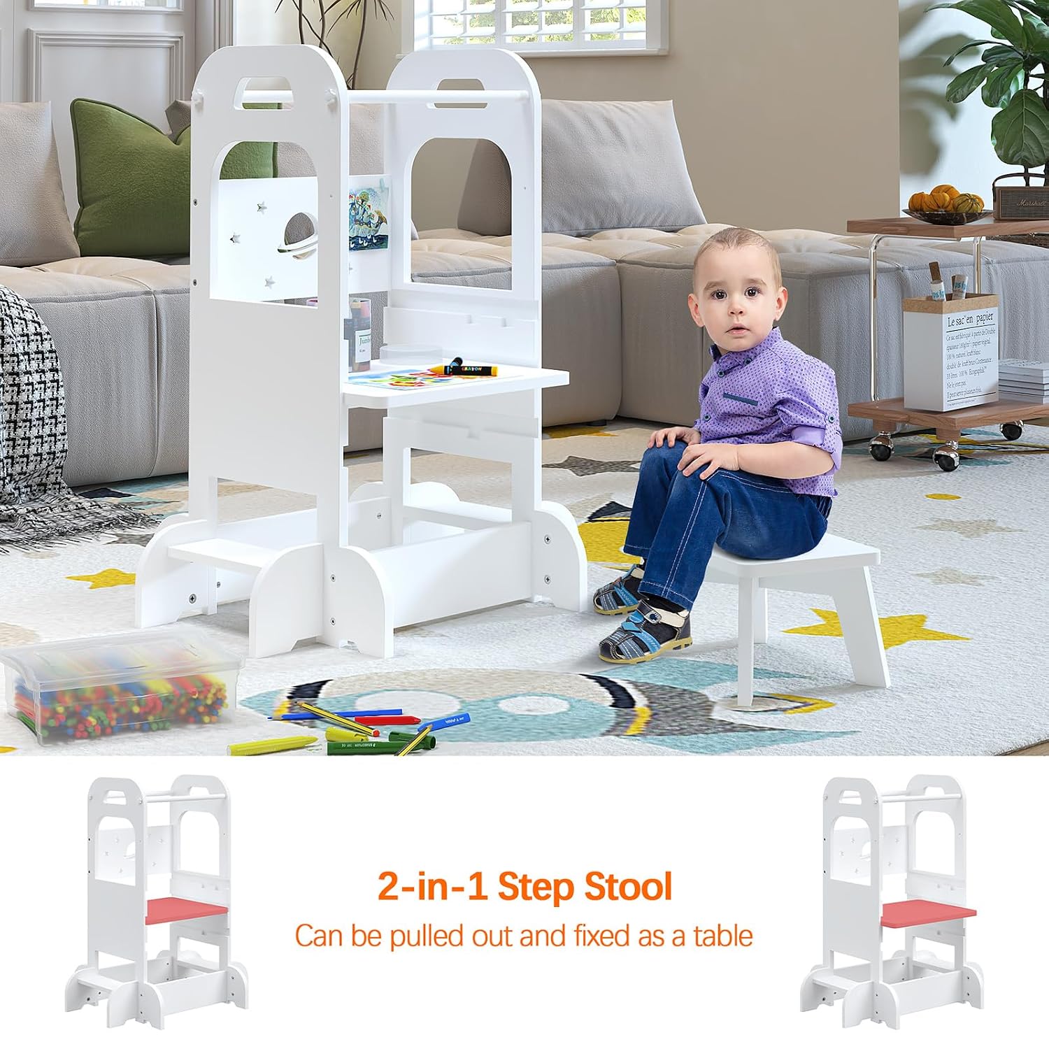 Timy 2 in 1 Step Stool for Kids Toddler Kitchen Stool Helper Fall-Resistant Toddler Tower Step Stool for Bathroom Sink 3 Adjustable Height White 6 Timy 2 in 1 Step Stool for Kids Toddler Kitchen Stool Helper Fall-Resistant Toddler Tower Step Stool for Bathroom Sink 3 Adjustable Height White - Image 4