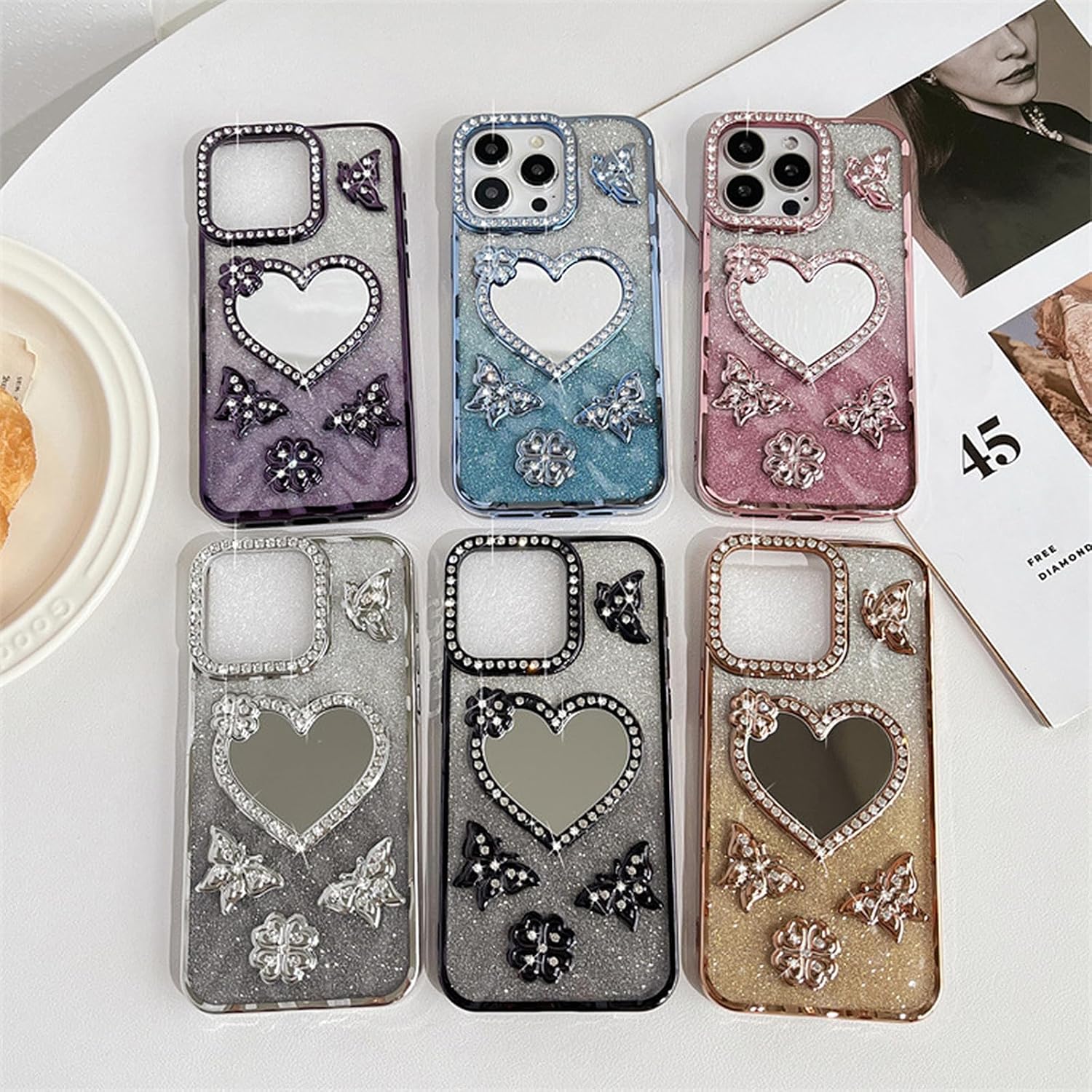 UMICASE for iPhone Case,Luxury Butterfly Glitter Diamond 3D Heart Shaped Ladies and Girl Make Up Mirror Cute Lipstick Mirror Soft Silicone Shock Proof Phone Case (Purple,iPhone 12)