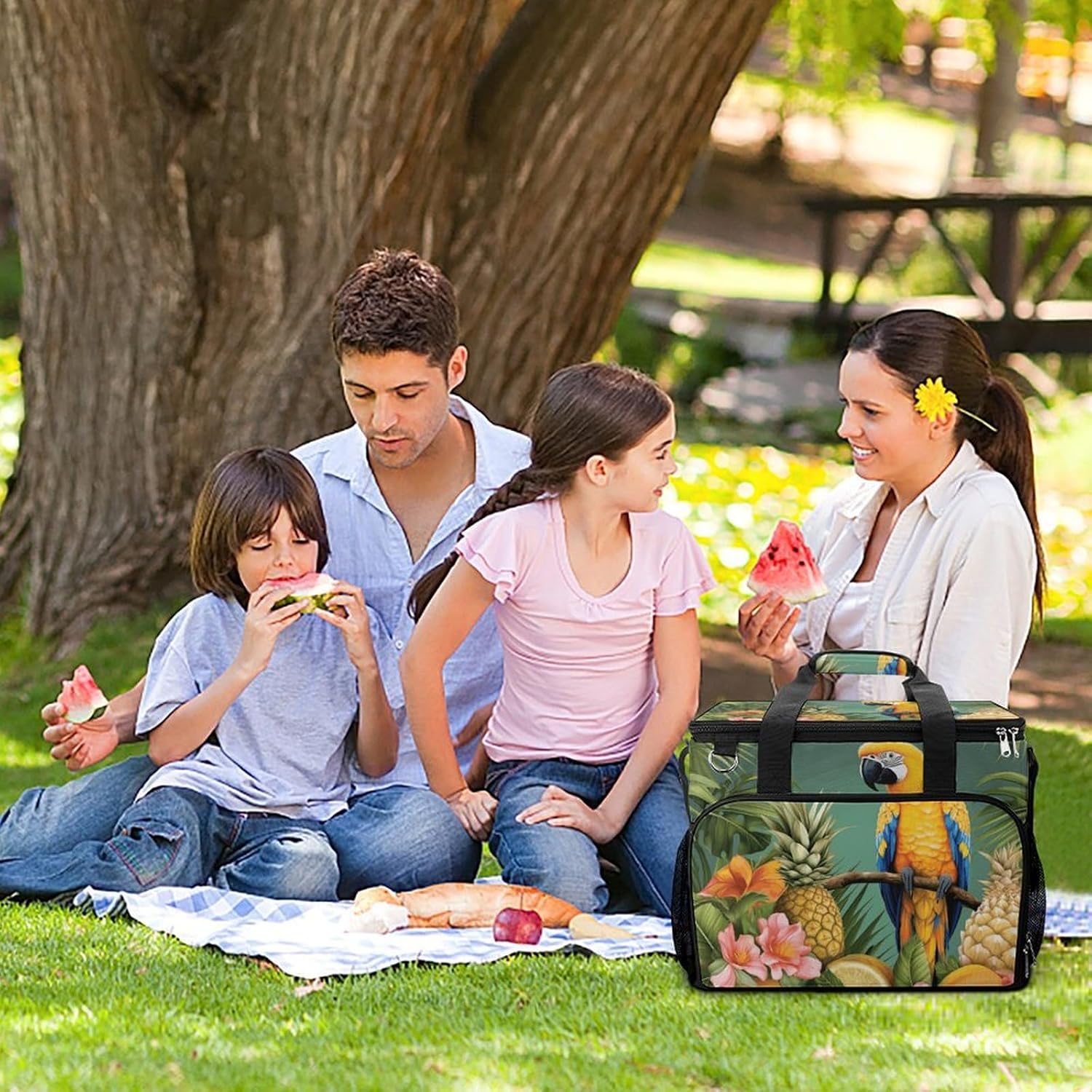 Large Capacity Oxford Cloth Summer Parrot Pineapple Bird Printed Camping Ice Bag, Outdoor Portable Insulation and Cooling Bag, Suitable for Outdoor Camping and Picnics