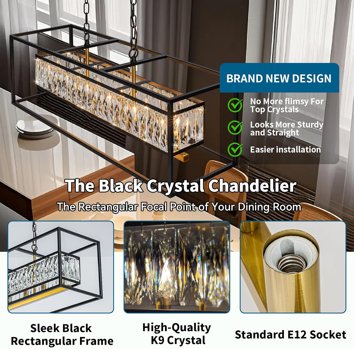 Vezzio Black Crystal Chandeliers for Dining Room 6-Light Modern Rectangle Contemporary Pendant Light Fixture for Kitchen Island L35 Inch