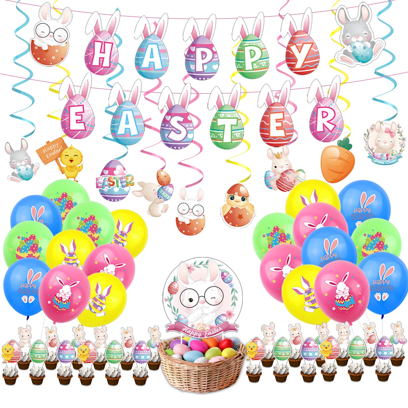 Photo 1 of erichbow 67 Pcs Happy Easter Party Decorations,with Latex Balloons & Hanging Swirls?Cupcake Toppers?Easter Egg Bunny Banner for Rabbit Themed Girl Birthday Party Supplies Easter Party Ornaments