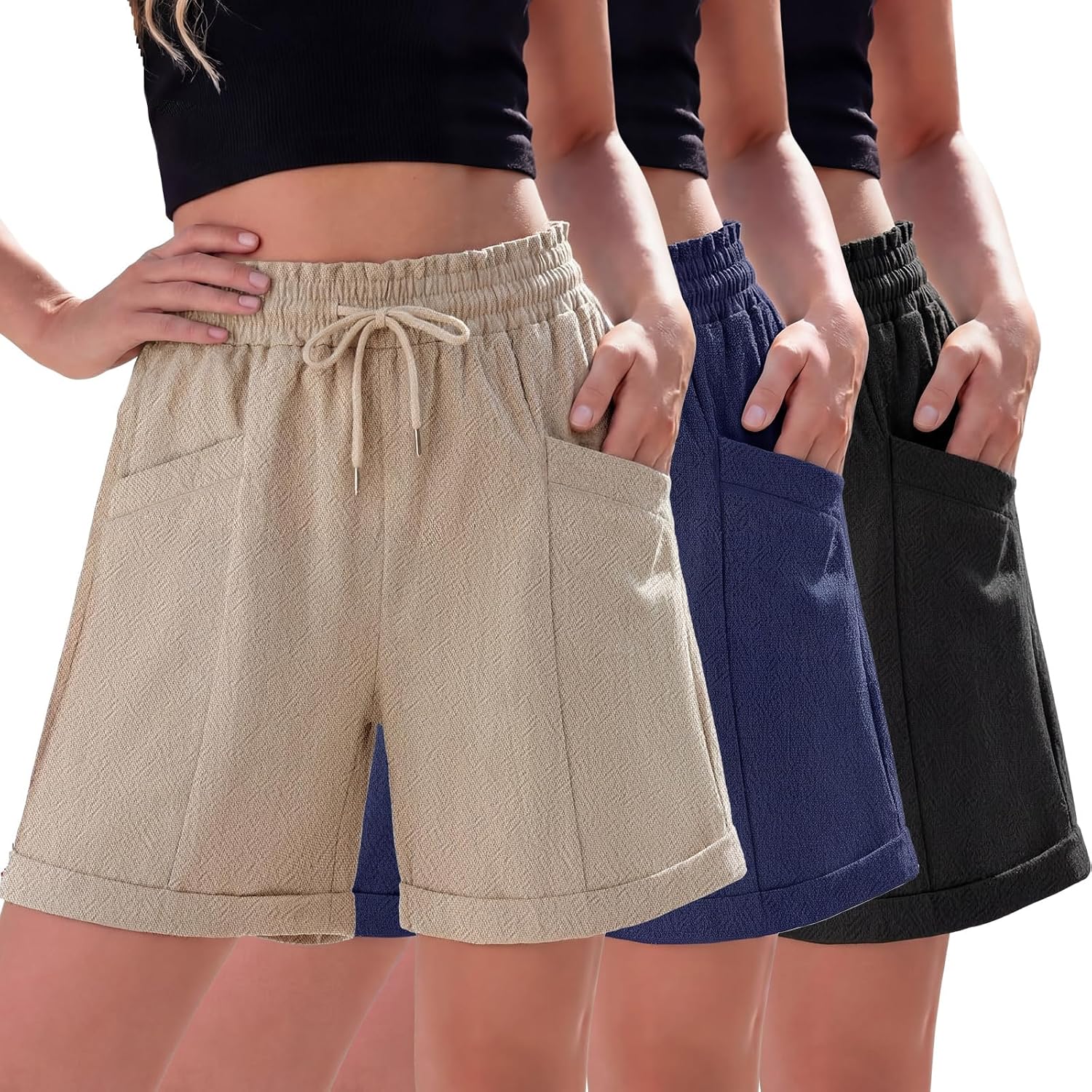 Cuffbow 3 Pack Womens Linen Shorts Elastic Waist Casual Bermuda Shorts Lightweight Loose High Summer Short 6" with Pockets