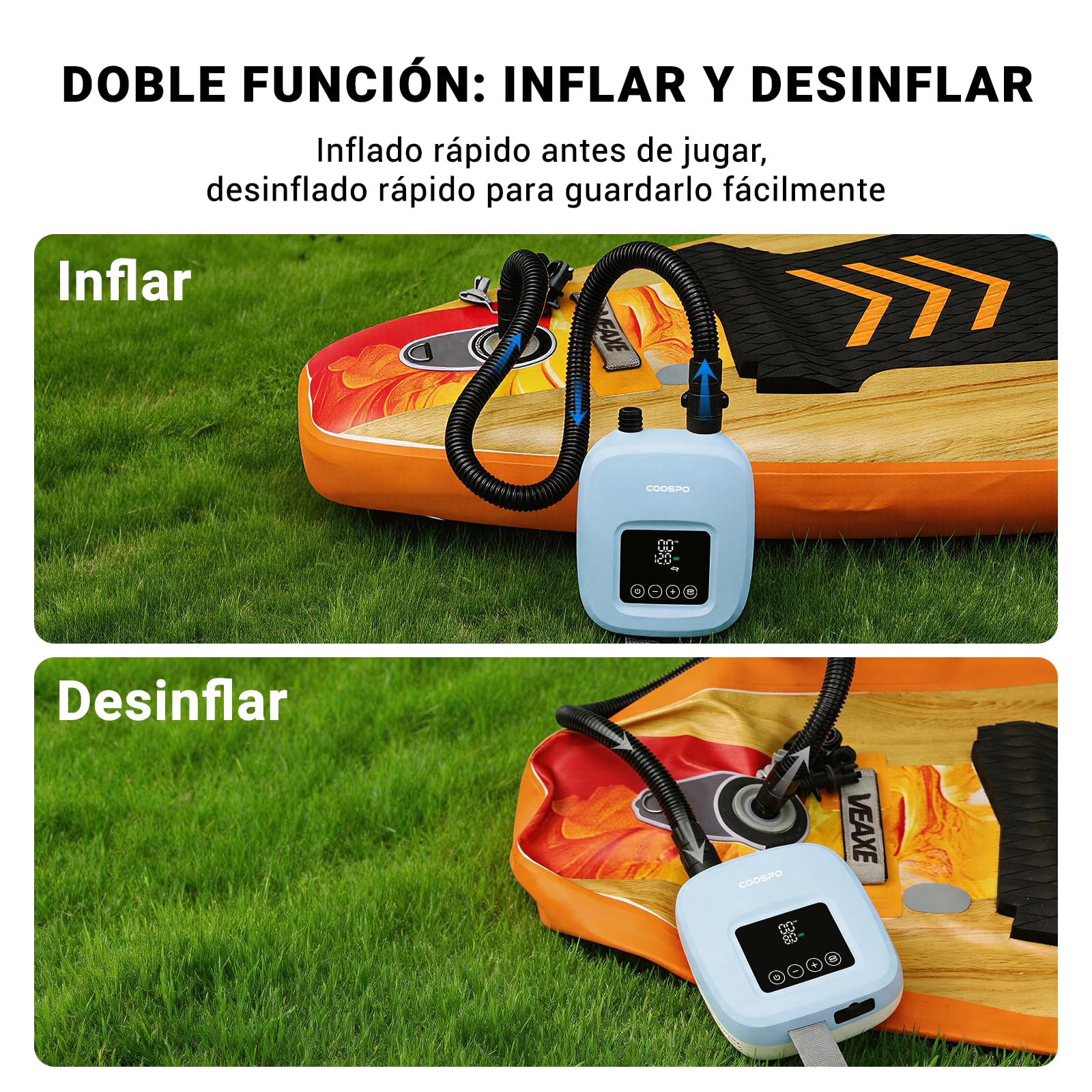 CooSpo Bomba de Aire portátil para Sup inflador eléctrico de Alta presión de 20 PSI batería Recargable de 52.9/44.4 WH Cargador para Coche de 12 V Apto para Kayaks y artículos hinchables