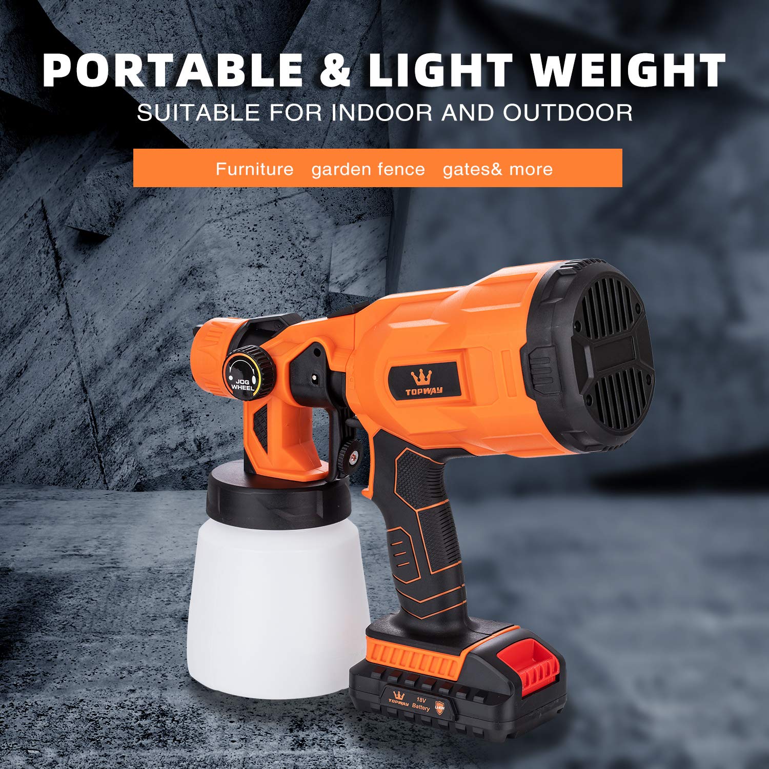TOPWAY Pulverizador de Pintura inalámbrico de 18 V con batería, Pistola eléctrica inalámbrica de 800 ml con 2 boquillas y 3 Patrones de pulverización para Vallas, Paredes, techos, Tratamiento de