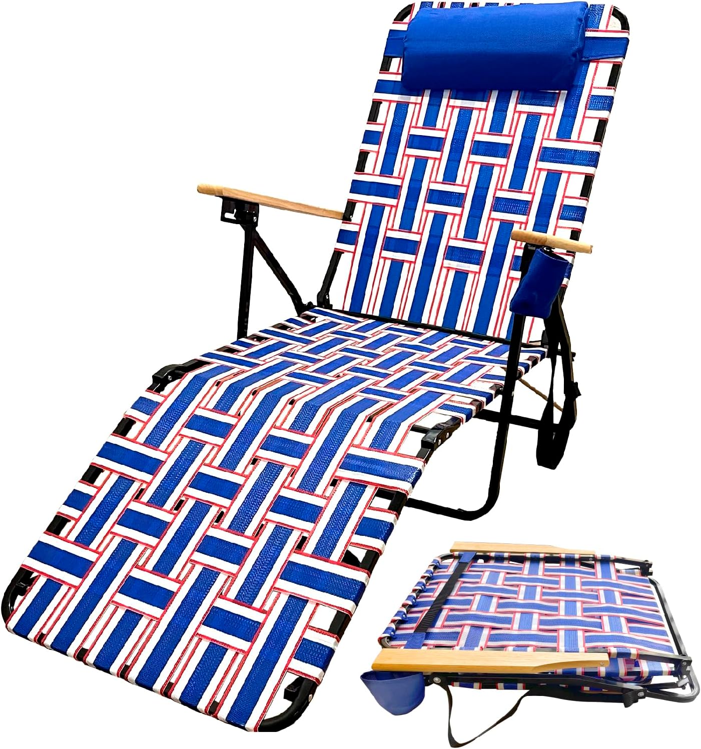 Webbing Patio Lounger Steel Chaise Lawn Chair Foldable Outdoor Great for Patio Camping Backyard Pool Wood Handles 2 Pack Red White Blue