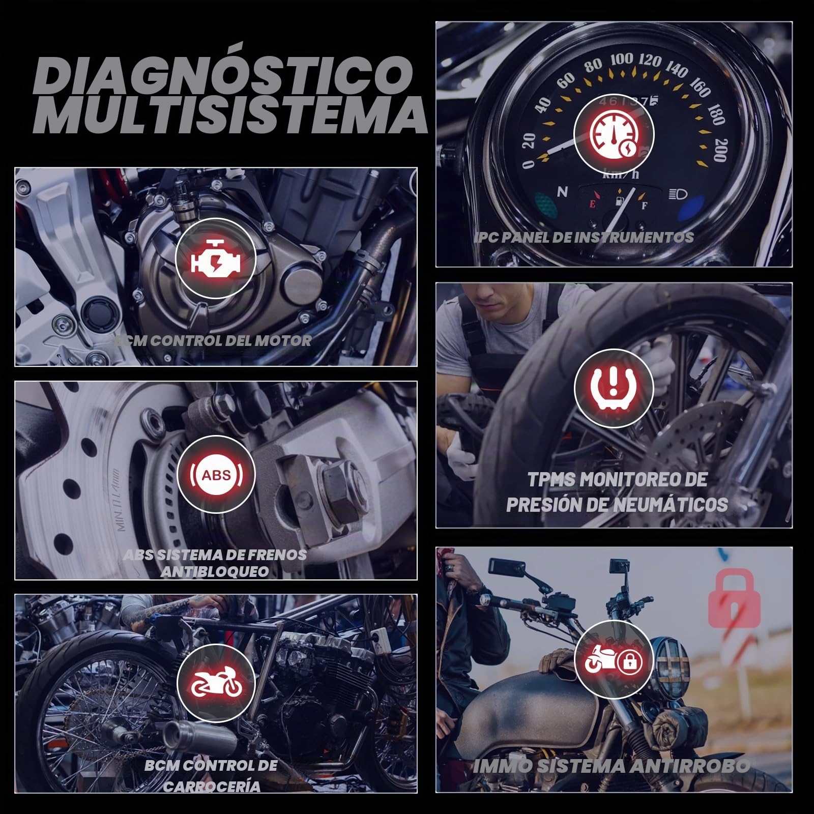Herramienta de Diagnóstico para Motocicletas M7, Lector de Códigos OBDII para Moto Sistema ABS con Escaneo Automático y Detección Instantánea de Vin para 70+ Marcas 100+ Funciones de Servicio