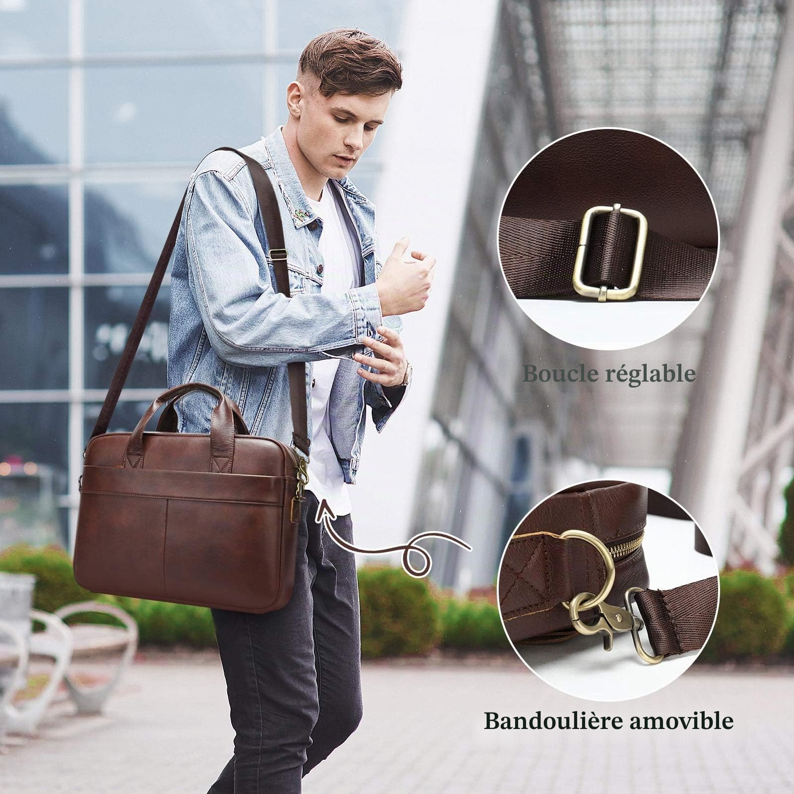 VINBAGGE Sac Business Mallette Homme Cartable Sacs Business en Cuir Véritable 14 Pouces Porte Document Sac de Messager Sac à Bandoulière d'affaires