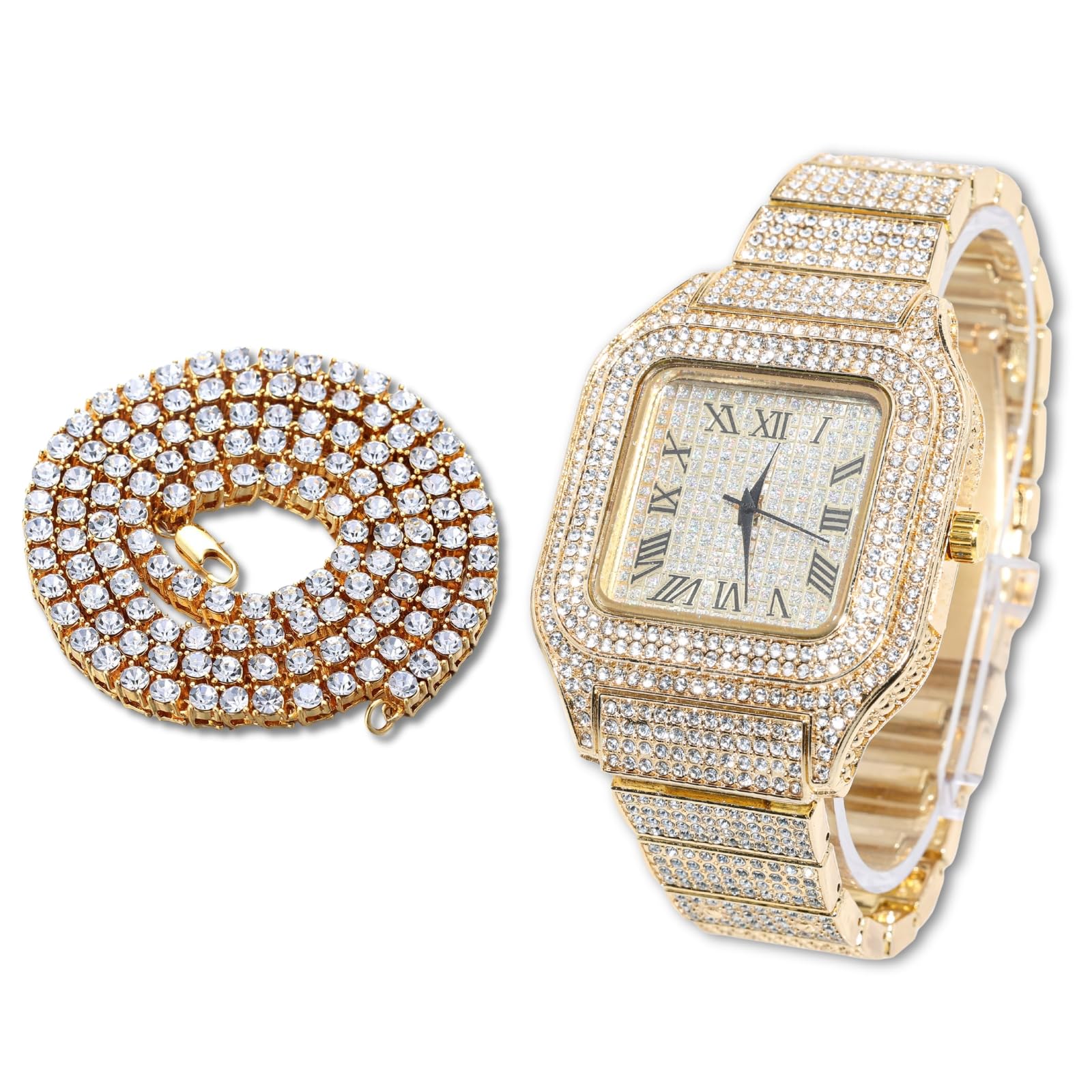 Reloj de diamantes para hombre y hombre, esfera cuadrada, pulsera de 20 mm de ancho, chapado en oro real/oro blanco de 18 quilates, chapado en platino, con juego de cadena de tenis opcional