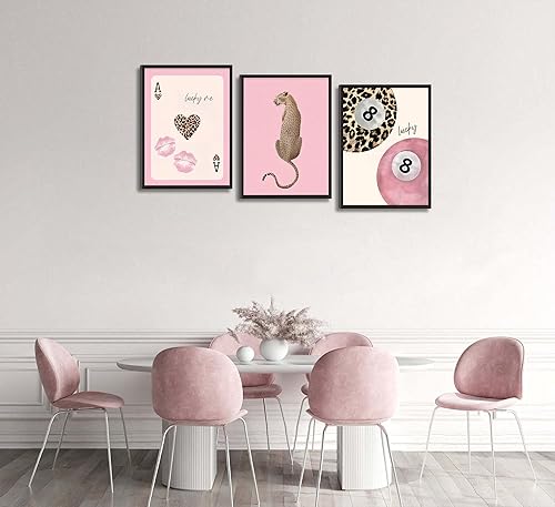 Miniatura 4 de 3 Pcs Trendy Pink Preppy Leopard Wall Art Lucky 8 Ball Playing Card Painting Picture Wall Decor Pink Coquette Funky Cheetah Poster Print Artwork for