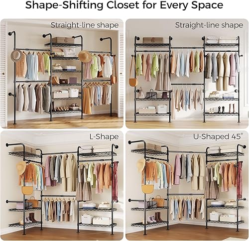 Miniatura 5 de Organizador y almacenamiento de armario, perchero resistente de 3 filas para colgar ropa, sistema de armario montado en la pared con 4 varillas