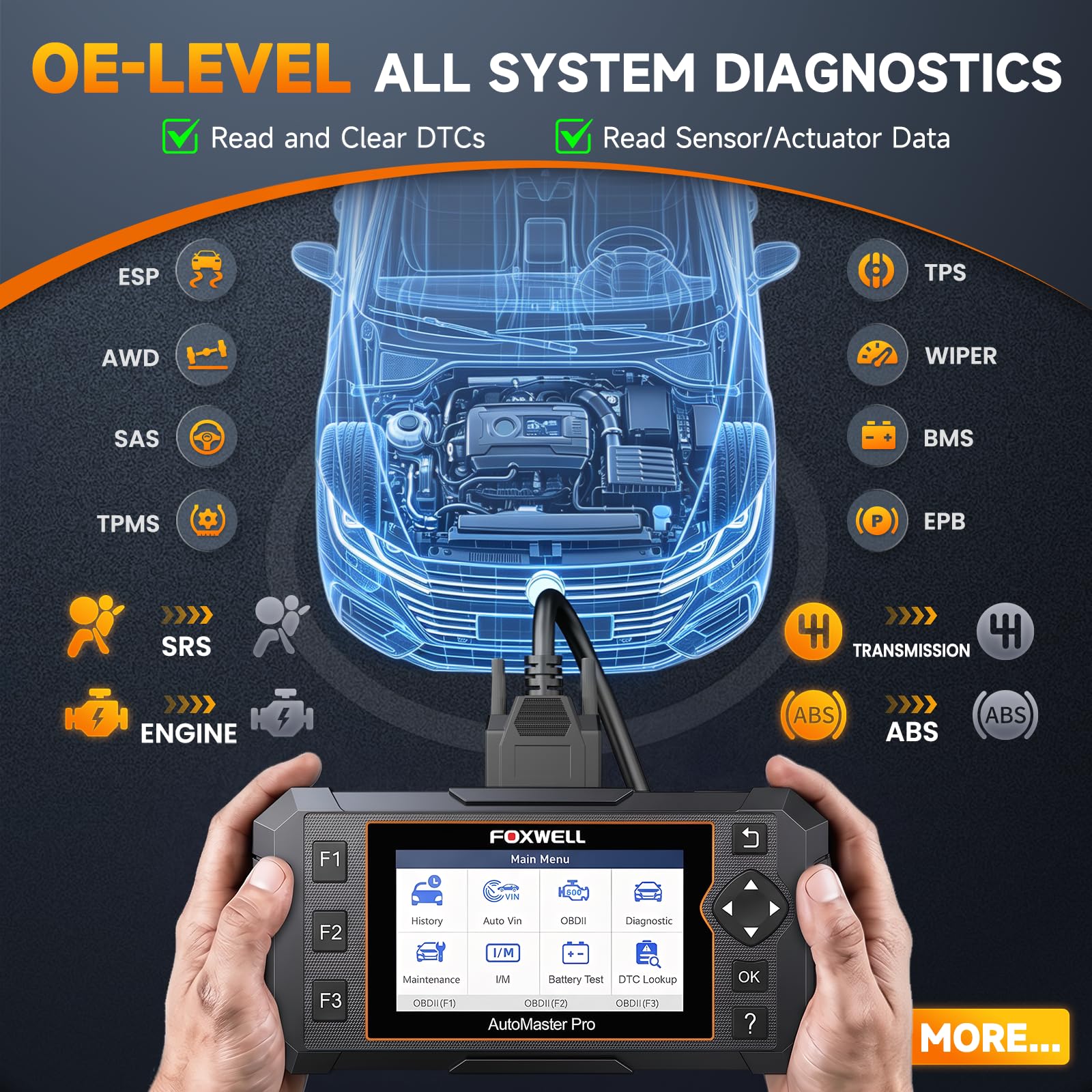 FOXWELL Scanner OBD2 NT624 Elite - Outil de diagnostic de tous les systèmes - Lecteur de code automobile avec réinitialisation d'huile et service EPB pour vérification du moteur, transmission, ABS