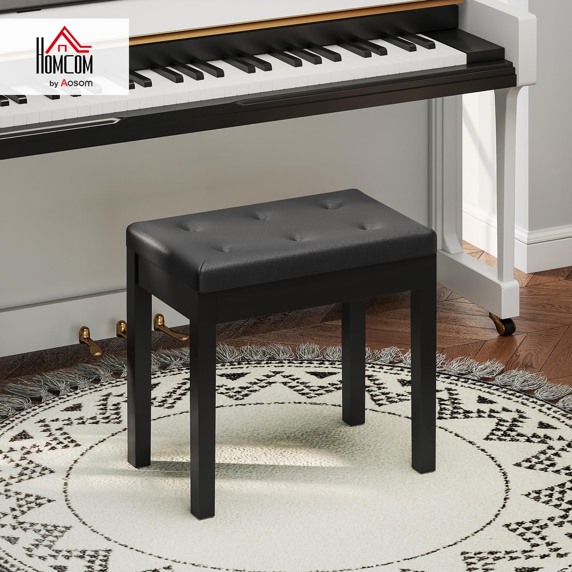 HOMCOM Banc de piano avec espace de rangement, pieds en bois et cuir synthétique, noir, 55 x 34 x 50 cm